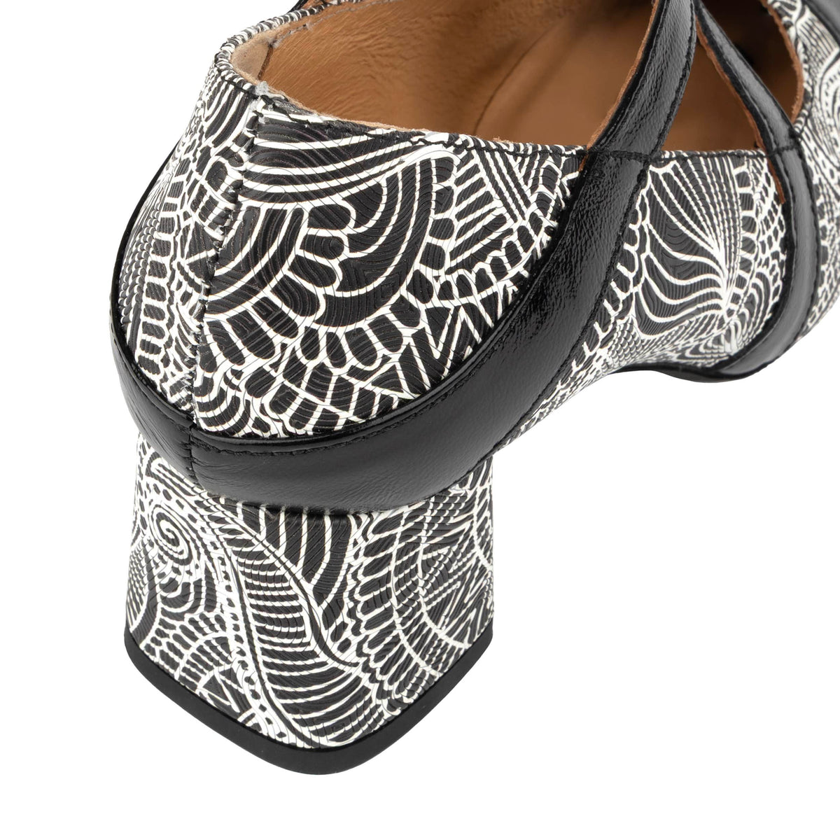 Harlowe High - Black & White & Graphic Print - Women's leather block heel pumps