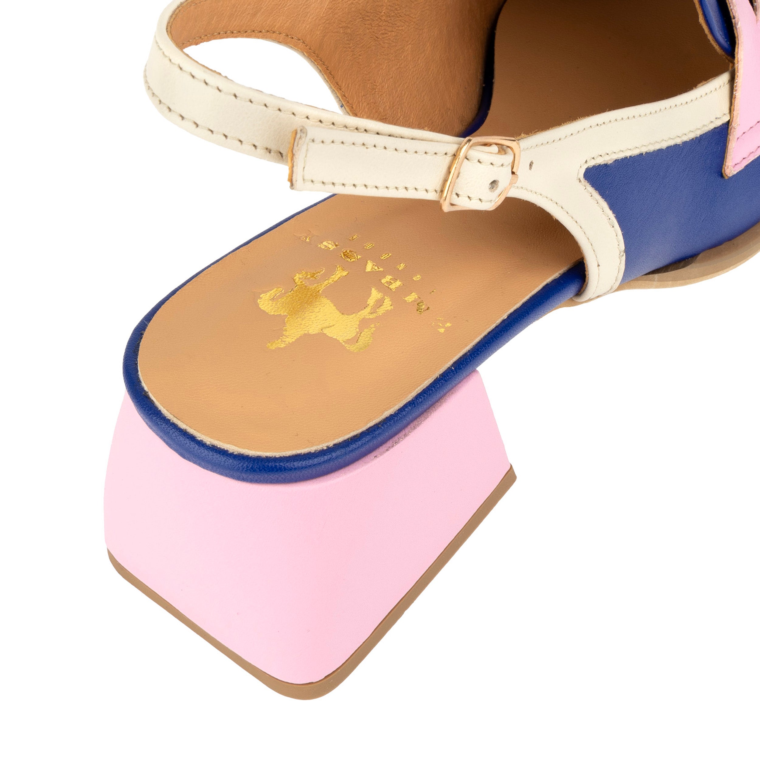 Diana - Blue & Cream & Pink - Women's block heel slingback leather pump