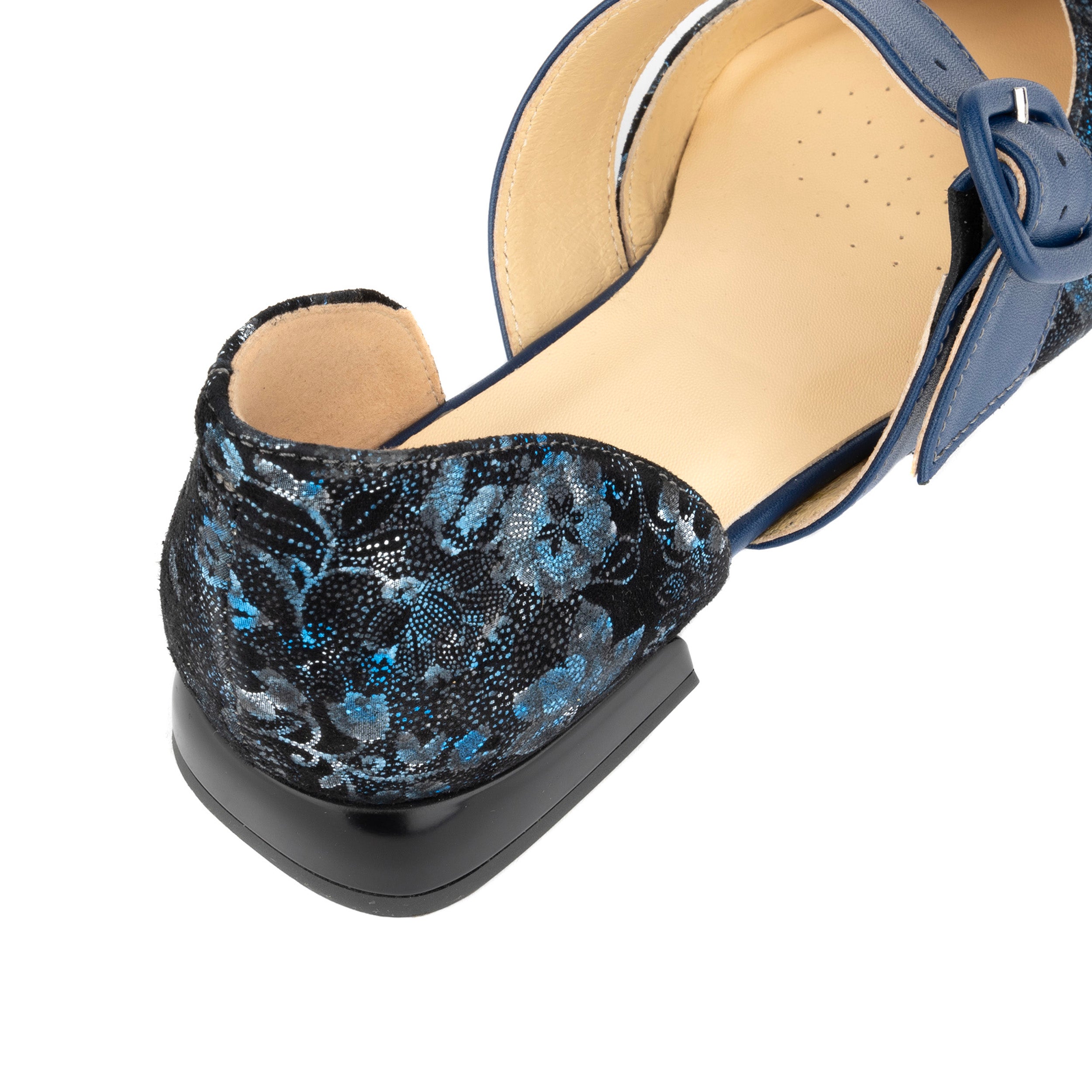 Lush - Navy & Floral - Women's leather pointed ballet pump with buckle strap