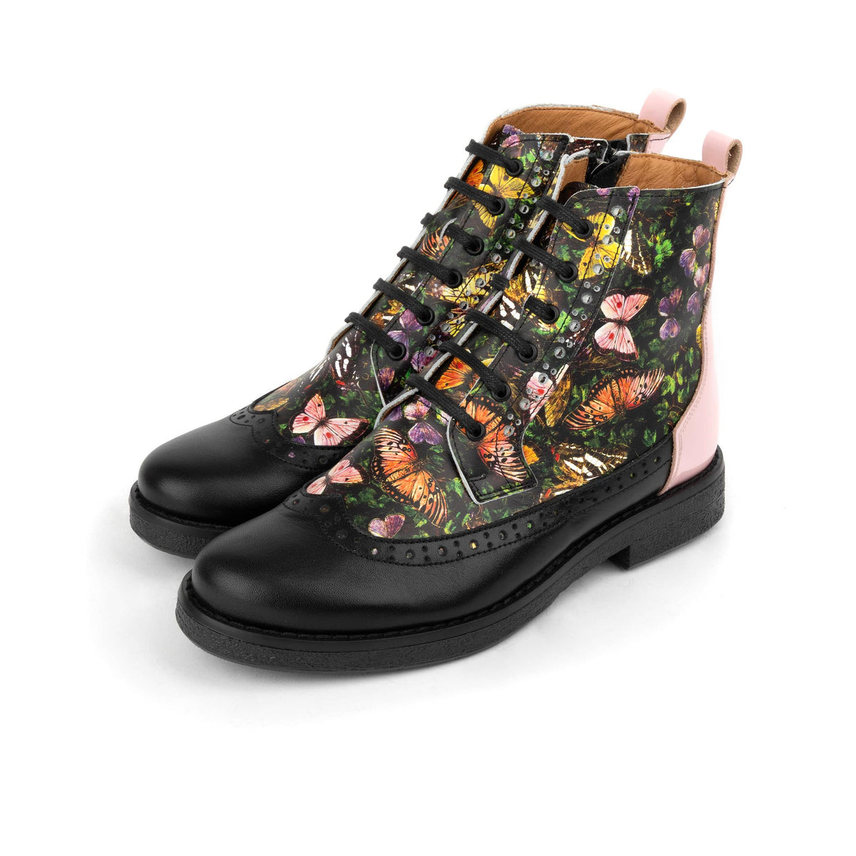 Hatter - Pink & Butterfly - Women's Leather Ankle Lace-up Boot
