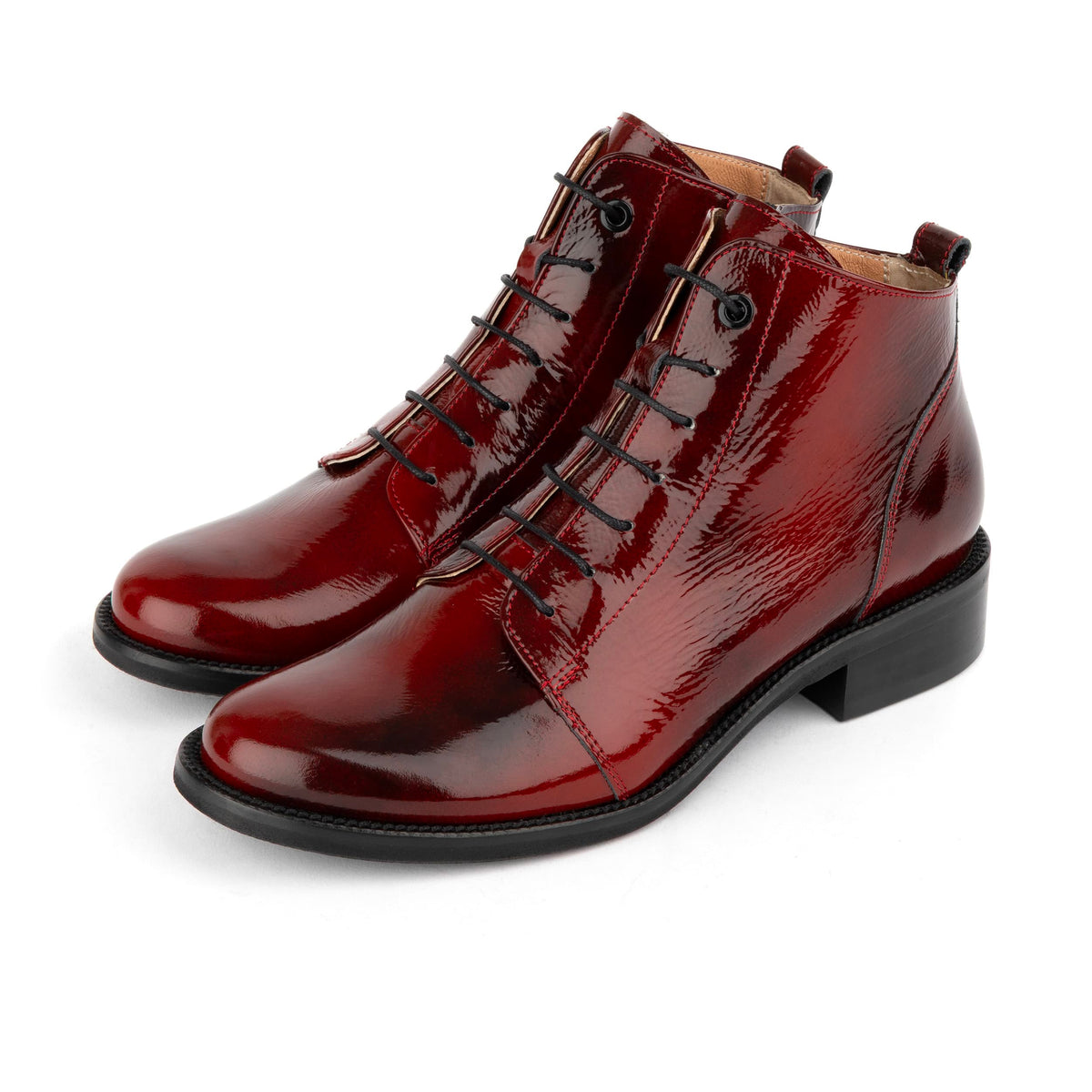 Marcella - Burgundy - Women's Patent Leather Lace-Up Ankle Boots