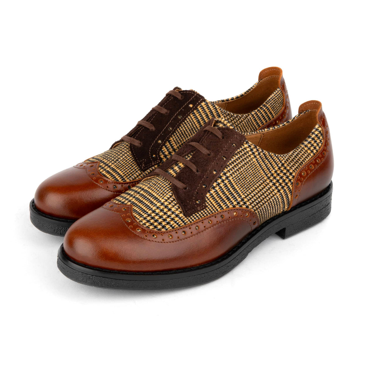 The Artist - Brown & Brown Check - Women's leather lace-up shoe with brogue detailing