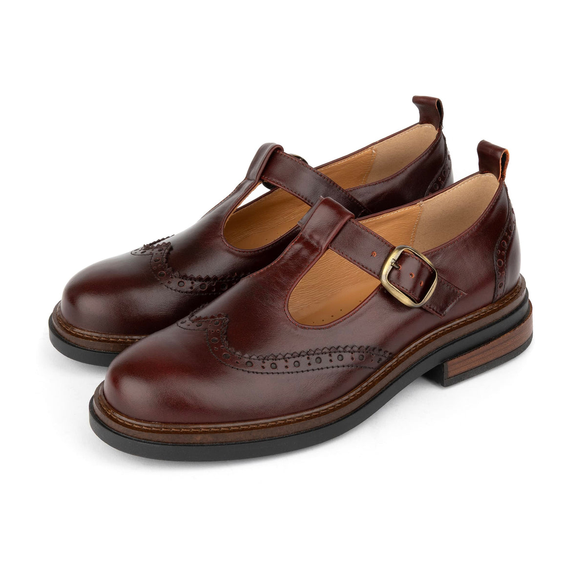 Miley - Brown Women's Leather T-Bar Brogue Shoes