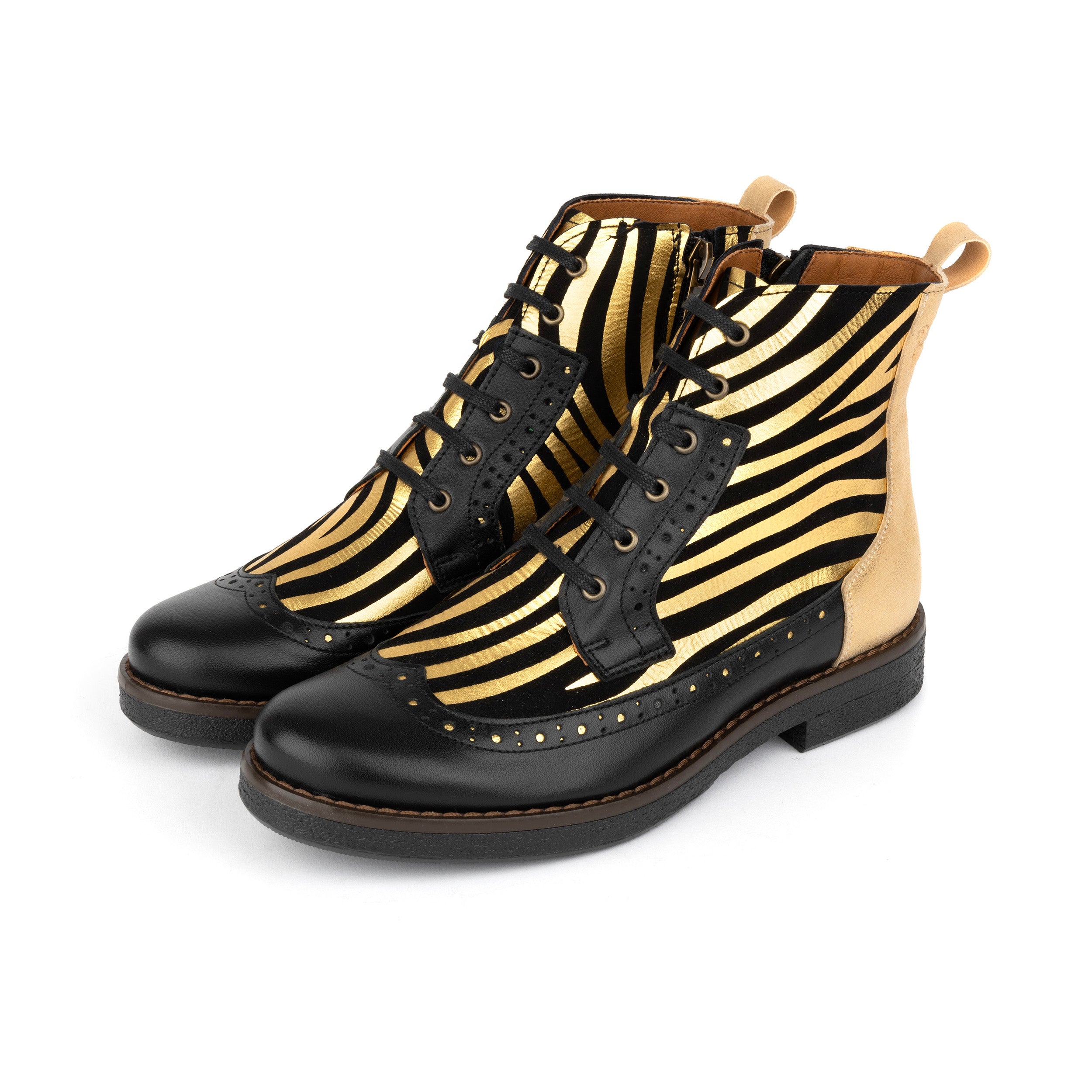 Hatter - Black & Gold Stripes - Women's Leather Ankle Lace-up Boot with gold foil zebra stripes