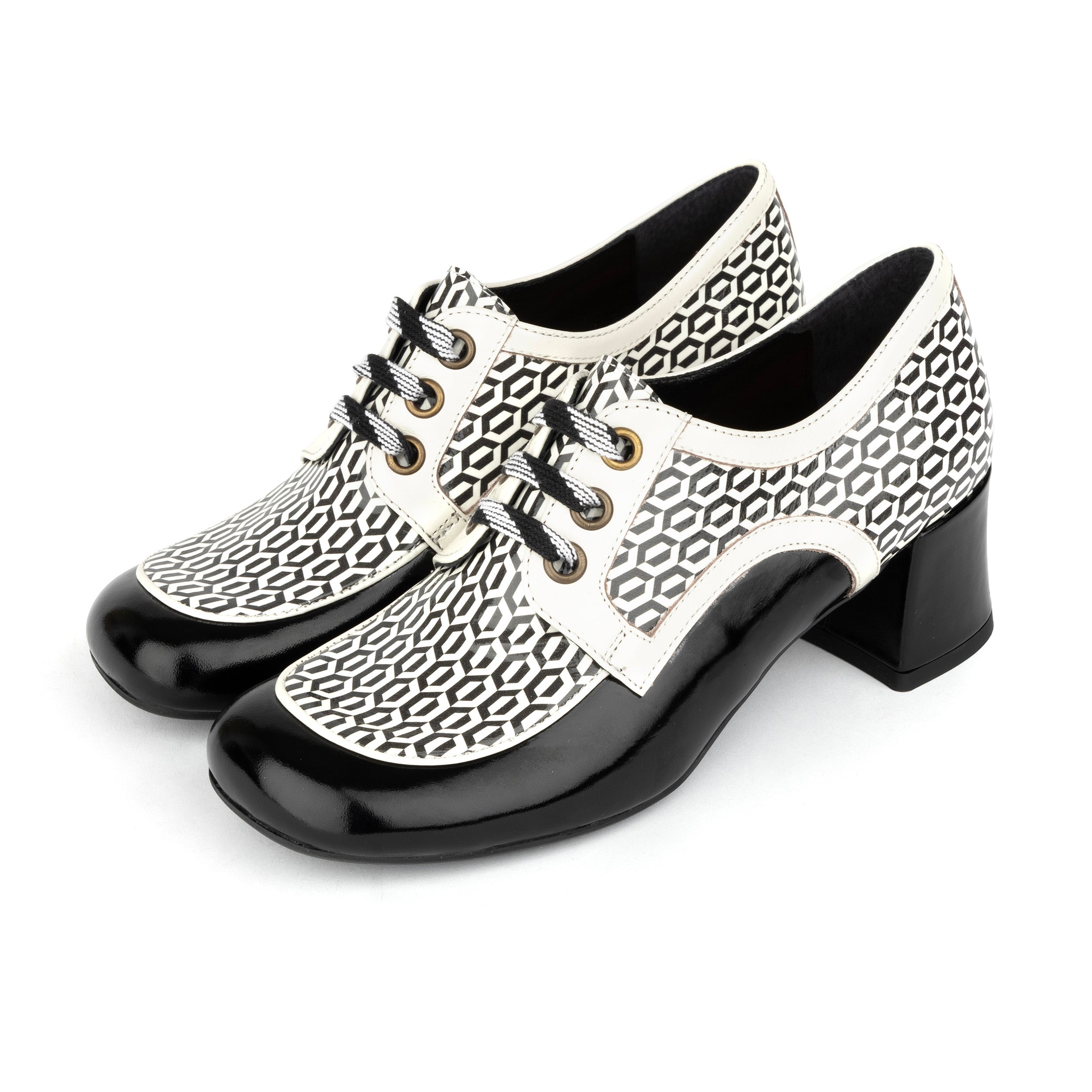 Sovereign - Black & white Optical - Women's leather lace up shoe with block heel