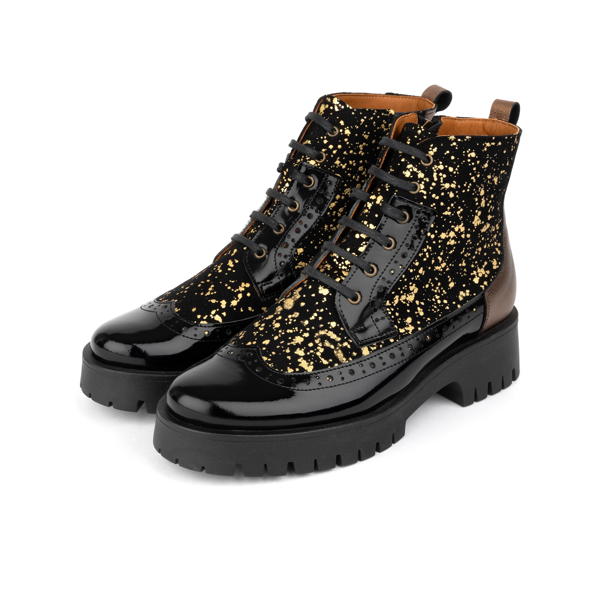 Hatter Platform - Drops - Women's ankle boot in golden paint drops on black leather