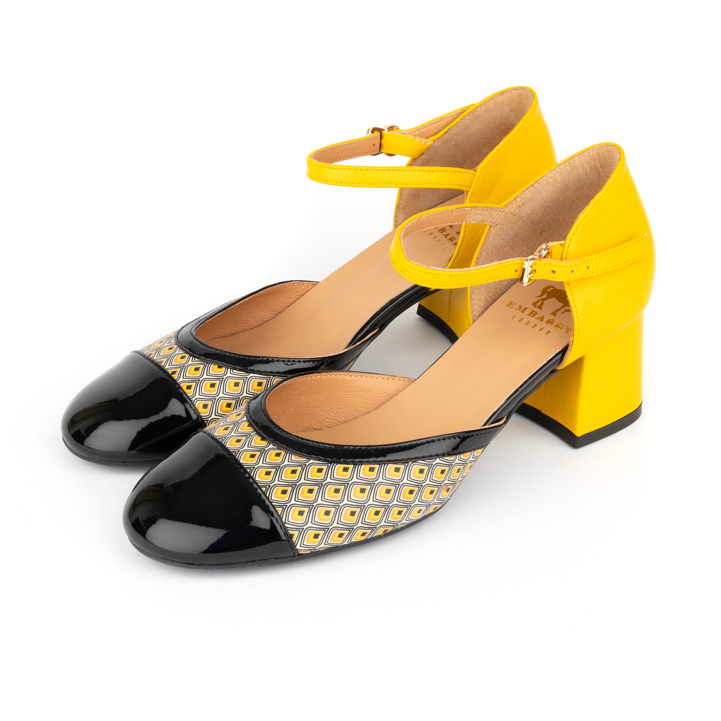 Kemi - Black & Yellow - Women's Leather Almond-Toe Block Heel