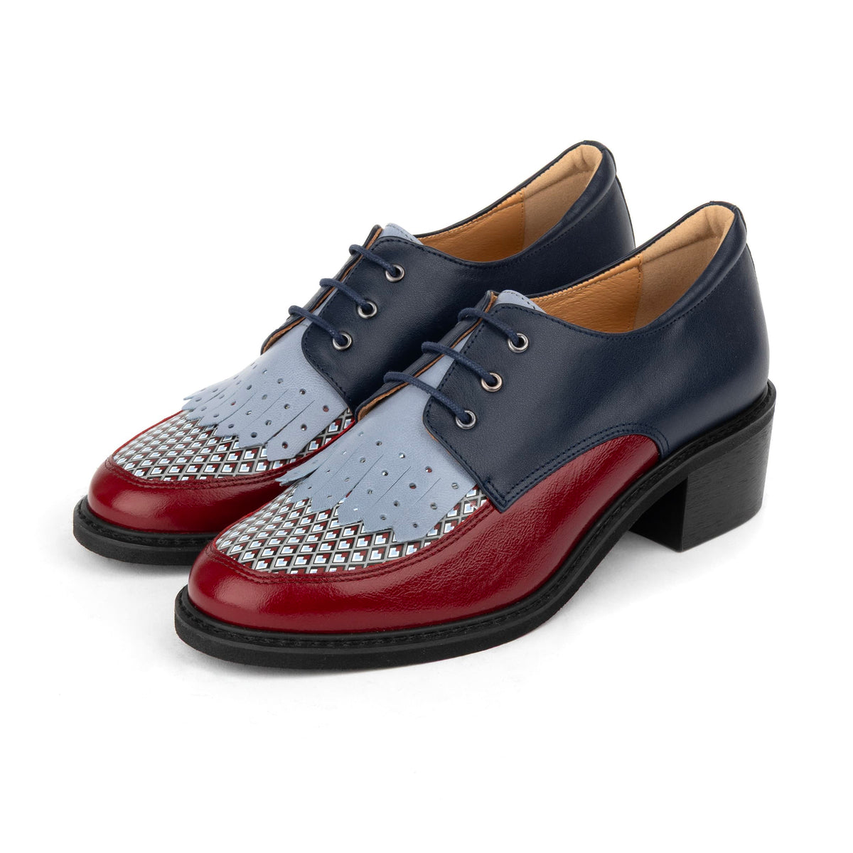 Retro Tone - Navy & Burgundy & Light Blue Diamonds - Women's leather lace-up with signature kiltie detail