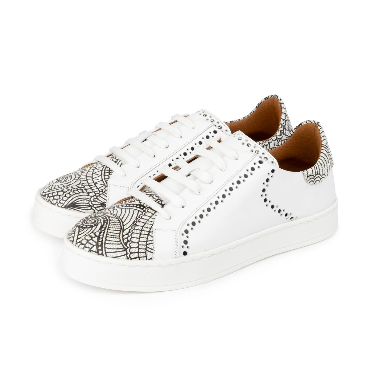 Serena - Black & White & Graphic Print - Women’s Leather Trainer with Brogue Details
