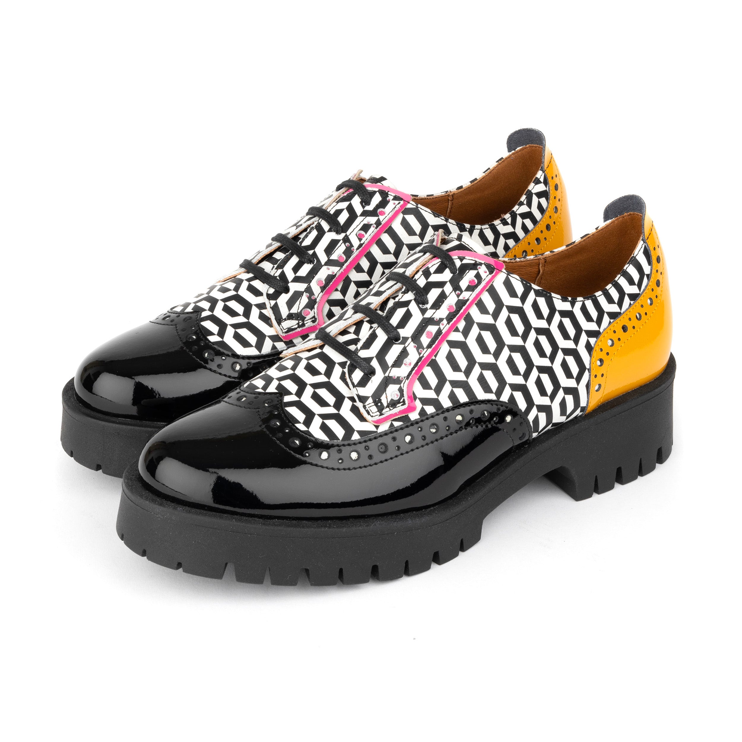Artisan - Black & Yellow Hexa - Women's Leather Lace-up Shoe with Brogue Detailing