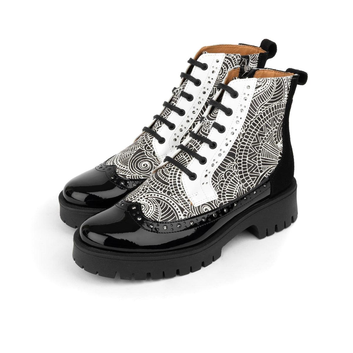 Hatter Platform - Black & White & Graphic Print - Women's Leather ankle Lace-up Boot with chunky cleated sole