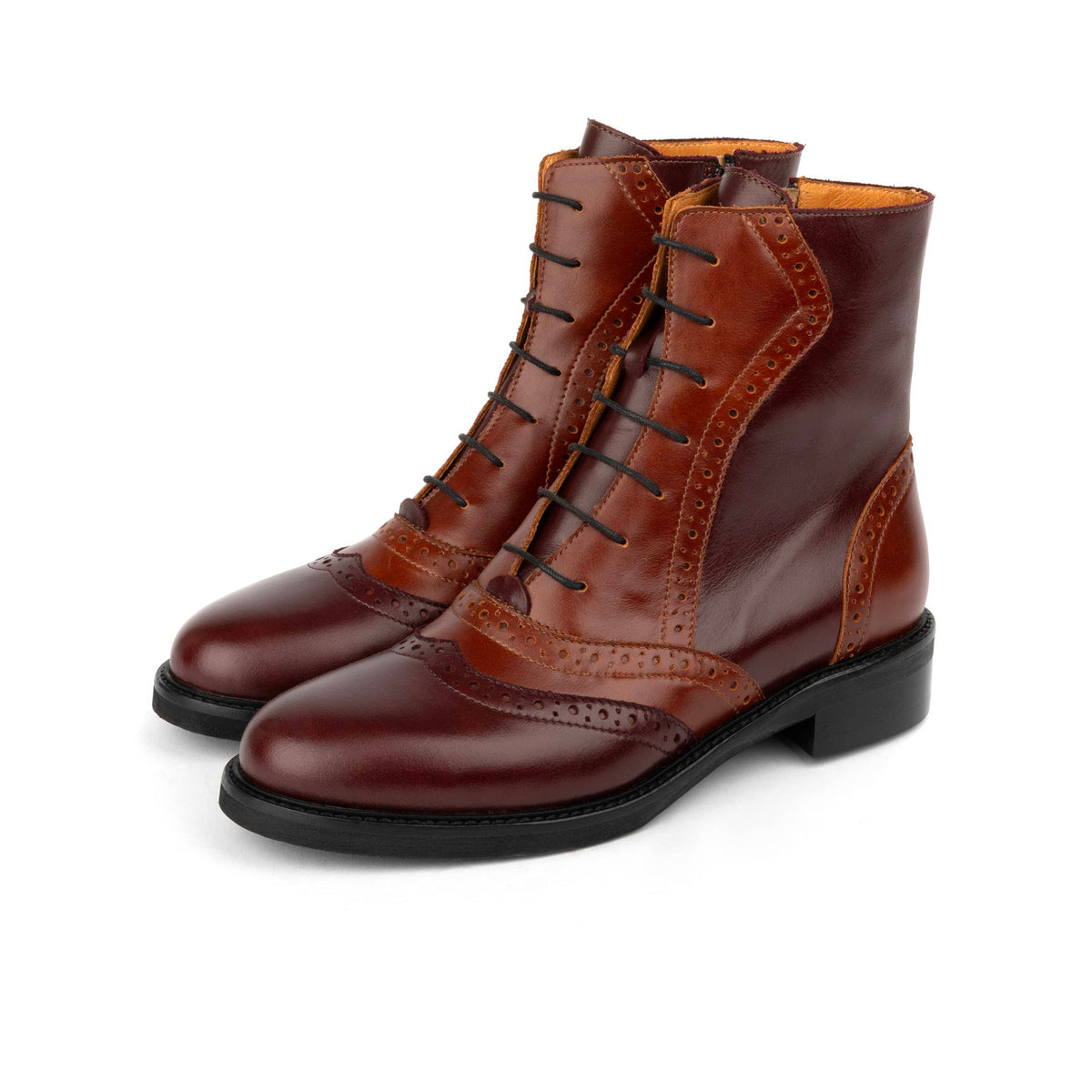 Brick Lane Boots - Brown Mix Women's leather oxford higher ankle boot with brogue detail