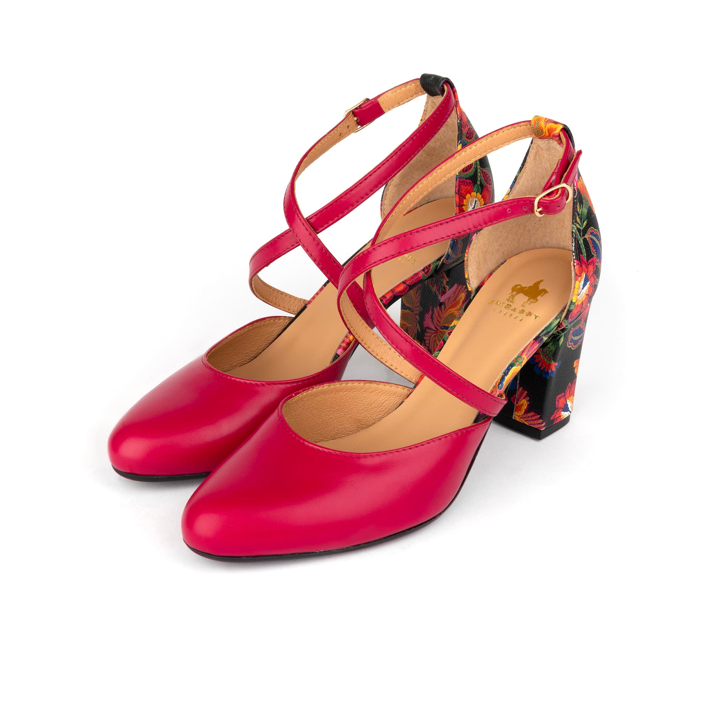 Kylie - Pink & Red Flowers - Women's leather strappy 3 inch block heel