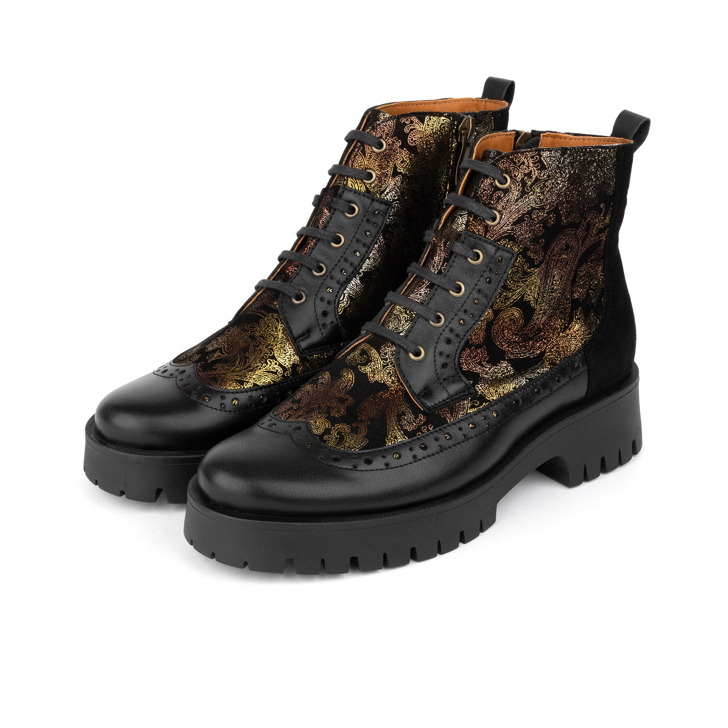 Hatter Platform - Black & Floral - Women's Leather ankle Lace-up Boot with chunky cleated sole