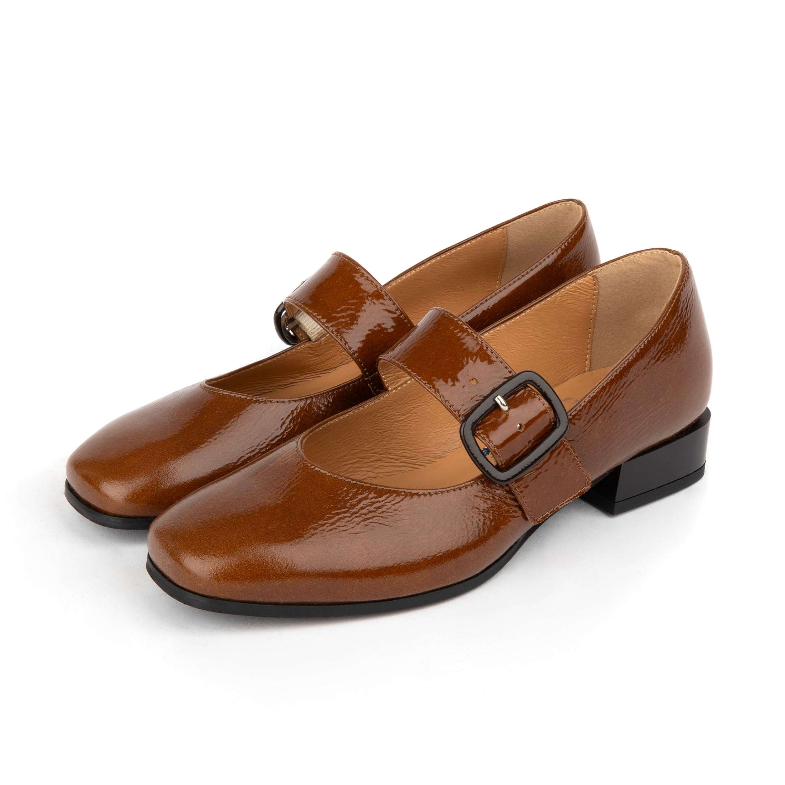 Bliss - Tan - Women's block heel square toe patent leather Mary-Jane