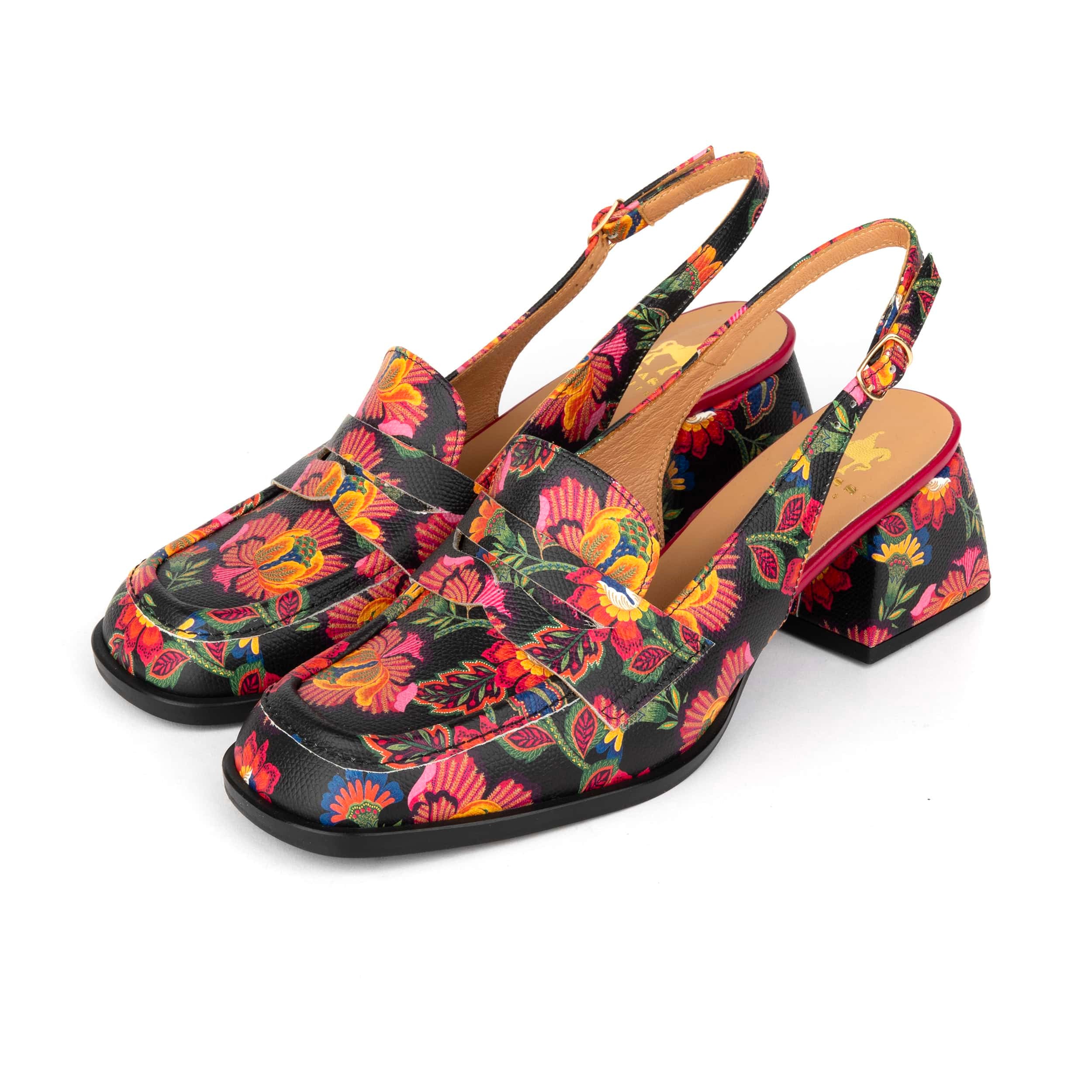Diana - Red Flowers - Women's block heel slingback leather pump