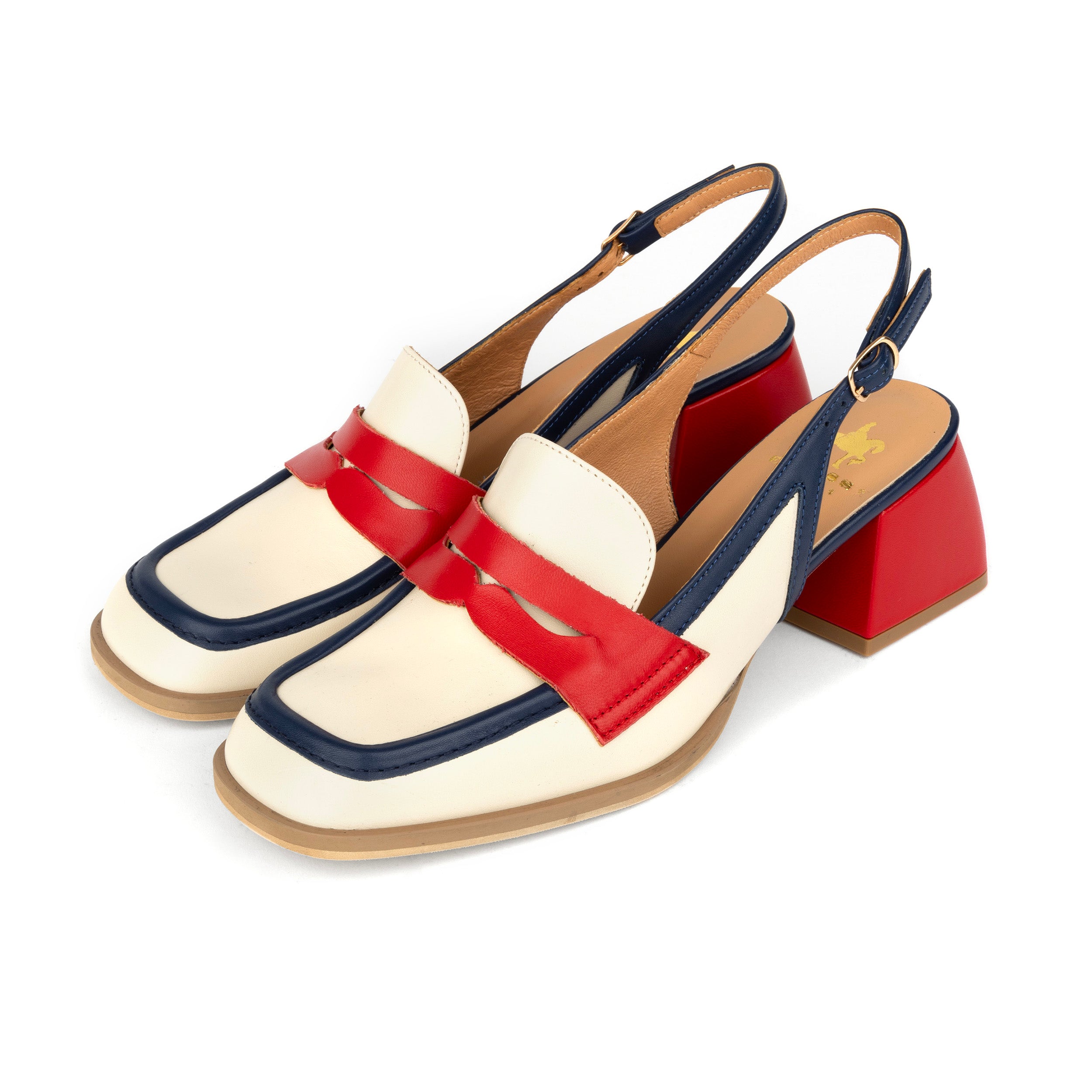 Diana - Cream & Red & Blue - Women's block heel slingback leather pump
