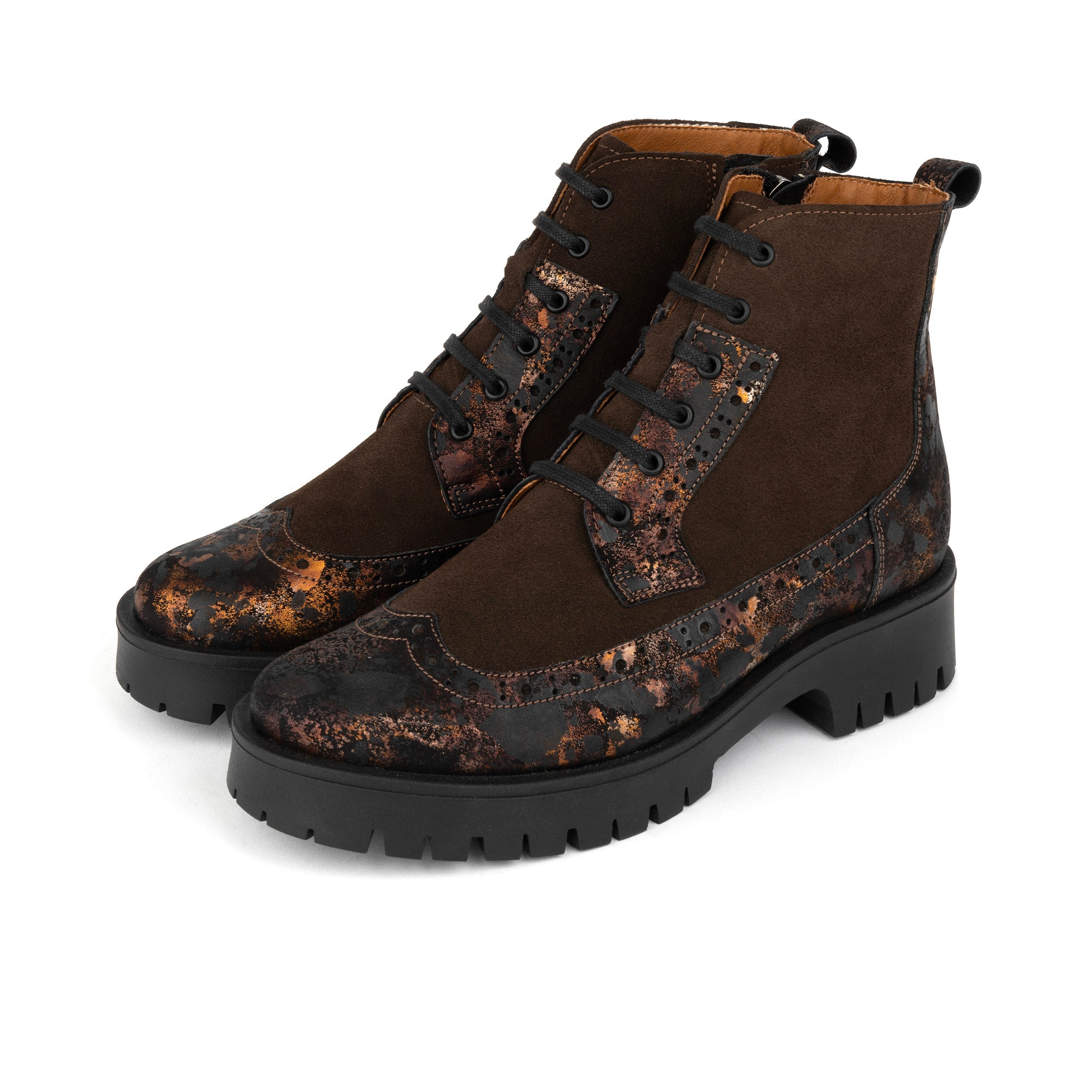 Hatter Platform - Brown Metal - Women's Leather and brushed nubuck suede Ankle Lace-up Boot with chunky cleated sole
