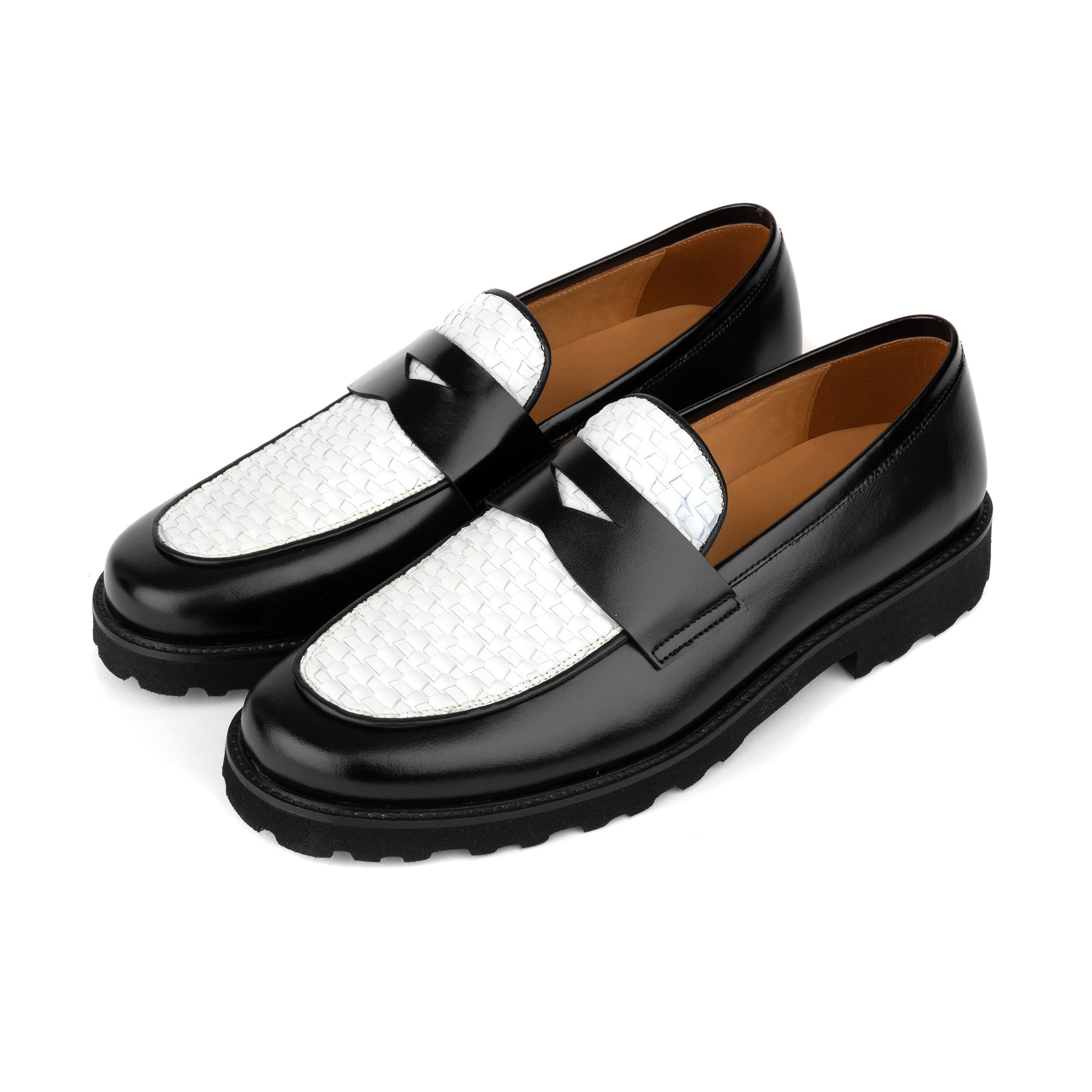 Sunkin - Black & White - Men's leather woven slip-on loafer