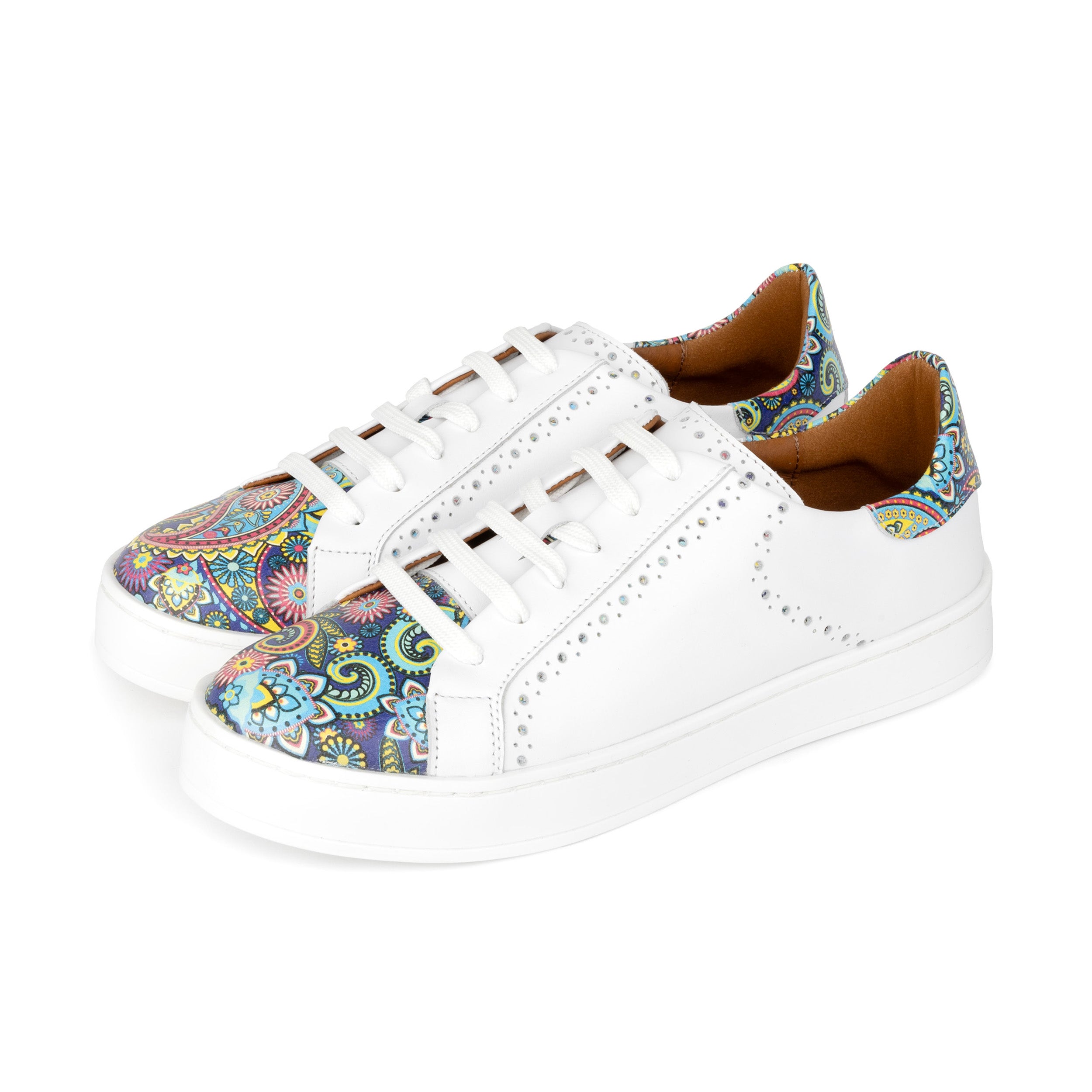 Serena - White & Festival Blue - Women’s Leather Trainer with Brogue Details