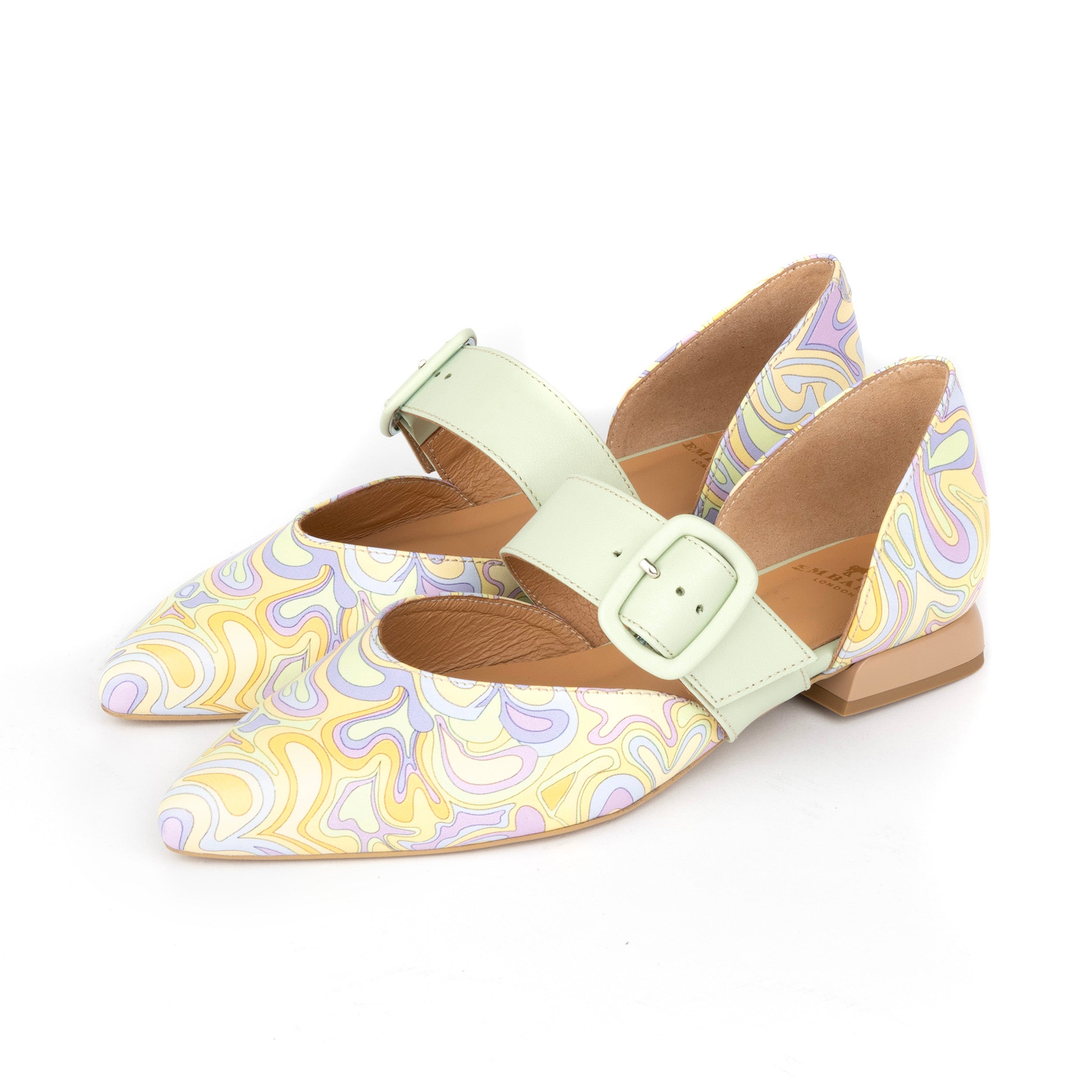 Lush - Pastel Mint Multi - Women's leather pointed ballet pump with buckle strap