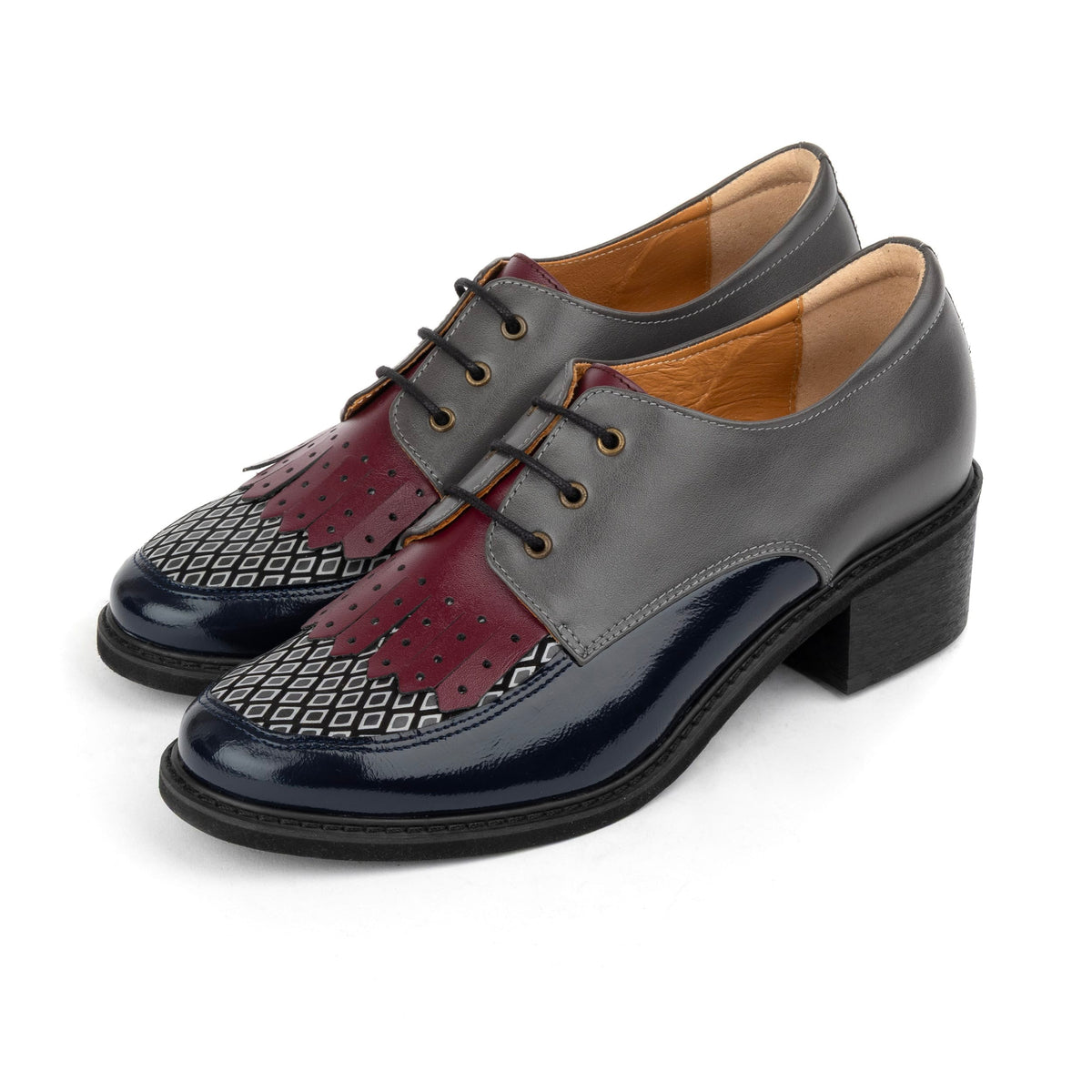 Retro Tone - Burgundy & Navy & Grey - Women's leather lace-up with signature kiltie detail