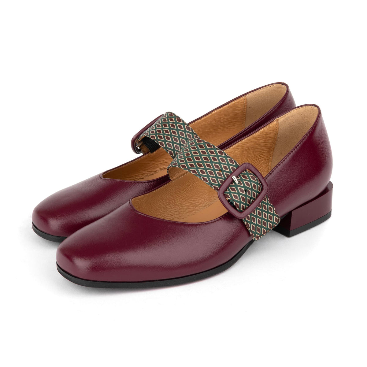 Bliss - Burgundy & Green Diamond - Women's block heel square toe patent leather Mary-Jane