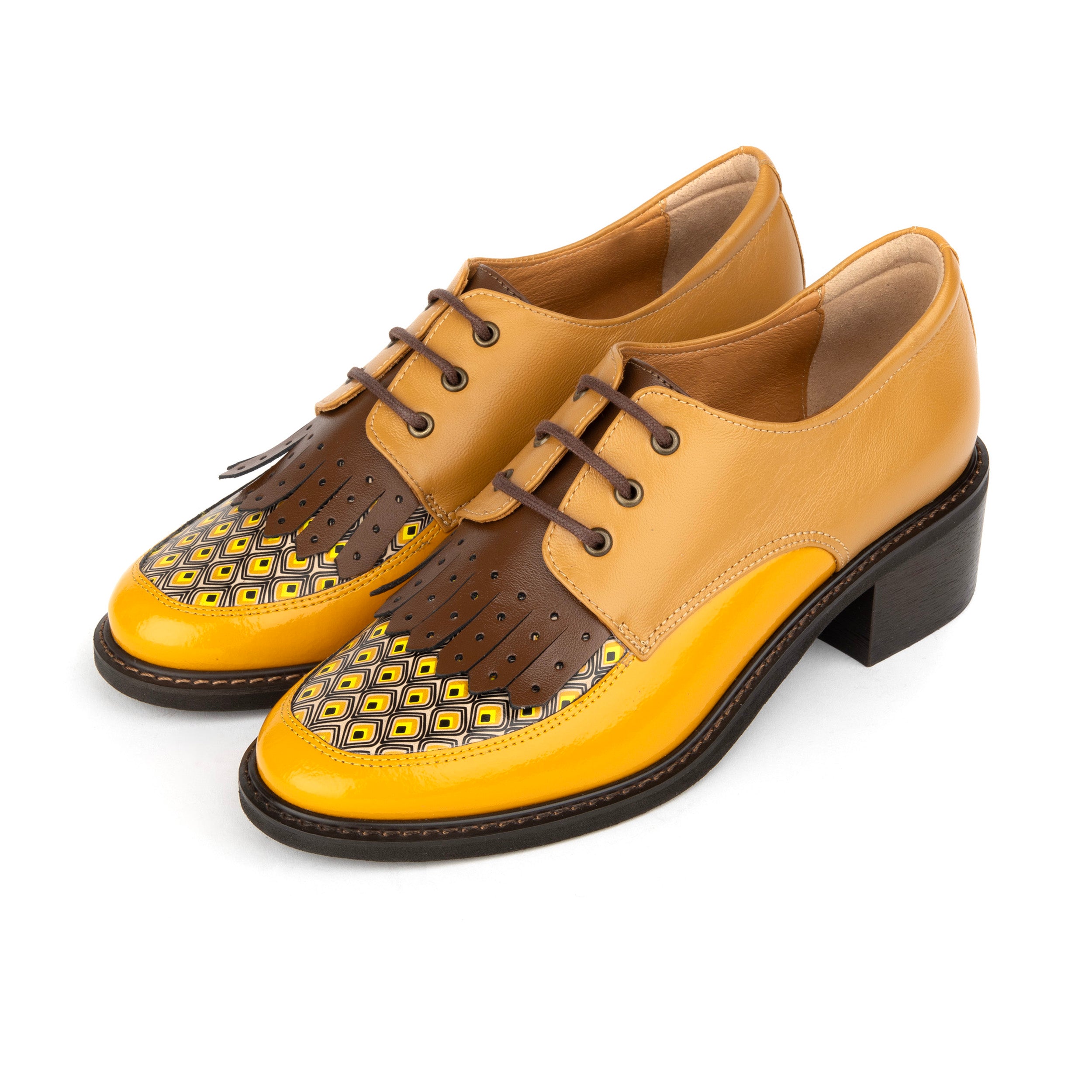 Retro Tone - Yellow & Brown - Women's leather lace-up with signature kiltie detail