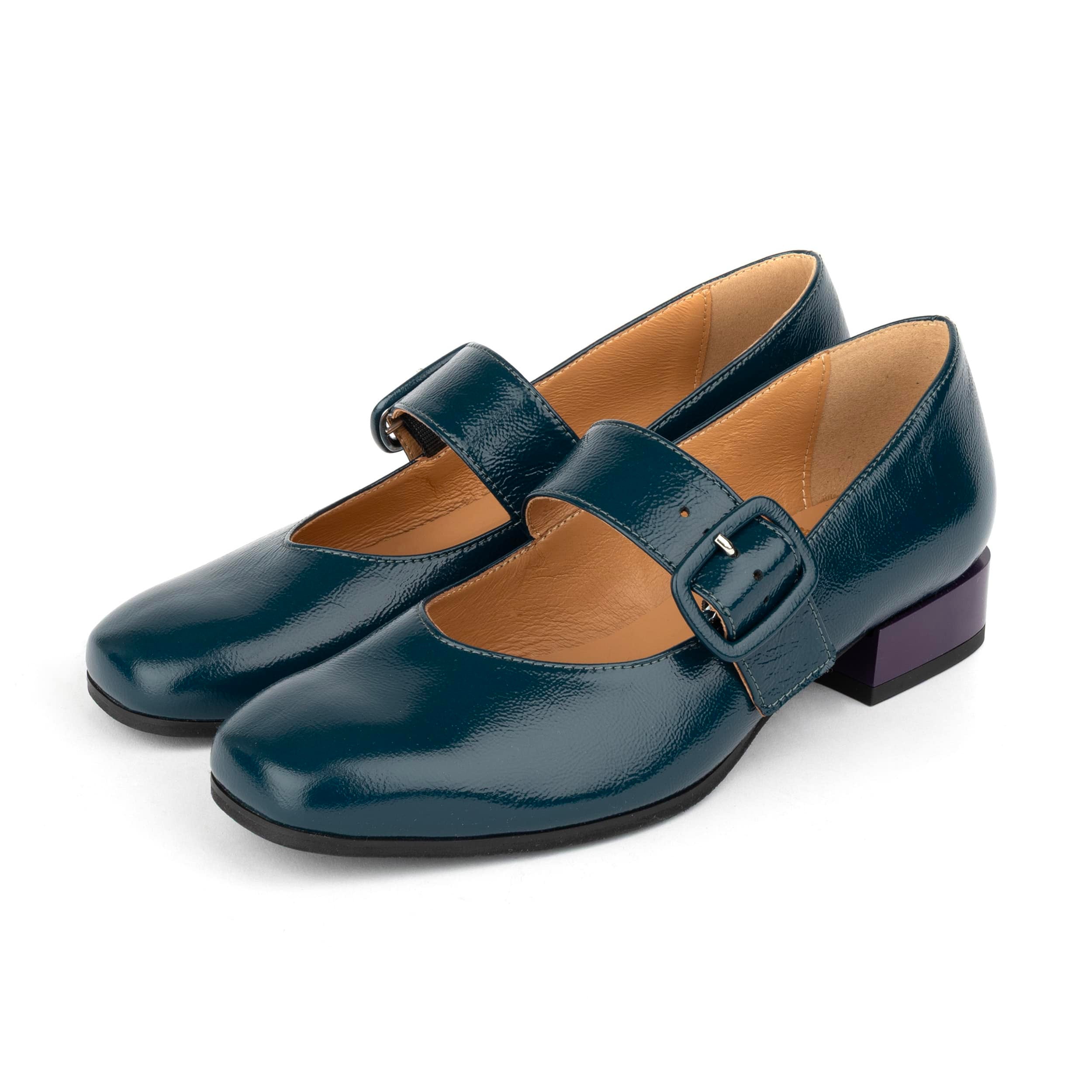 Bliss - Dark Teal - Women's block heel square toe patent leather Mary-Jane