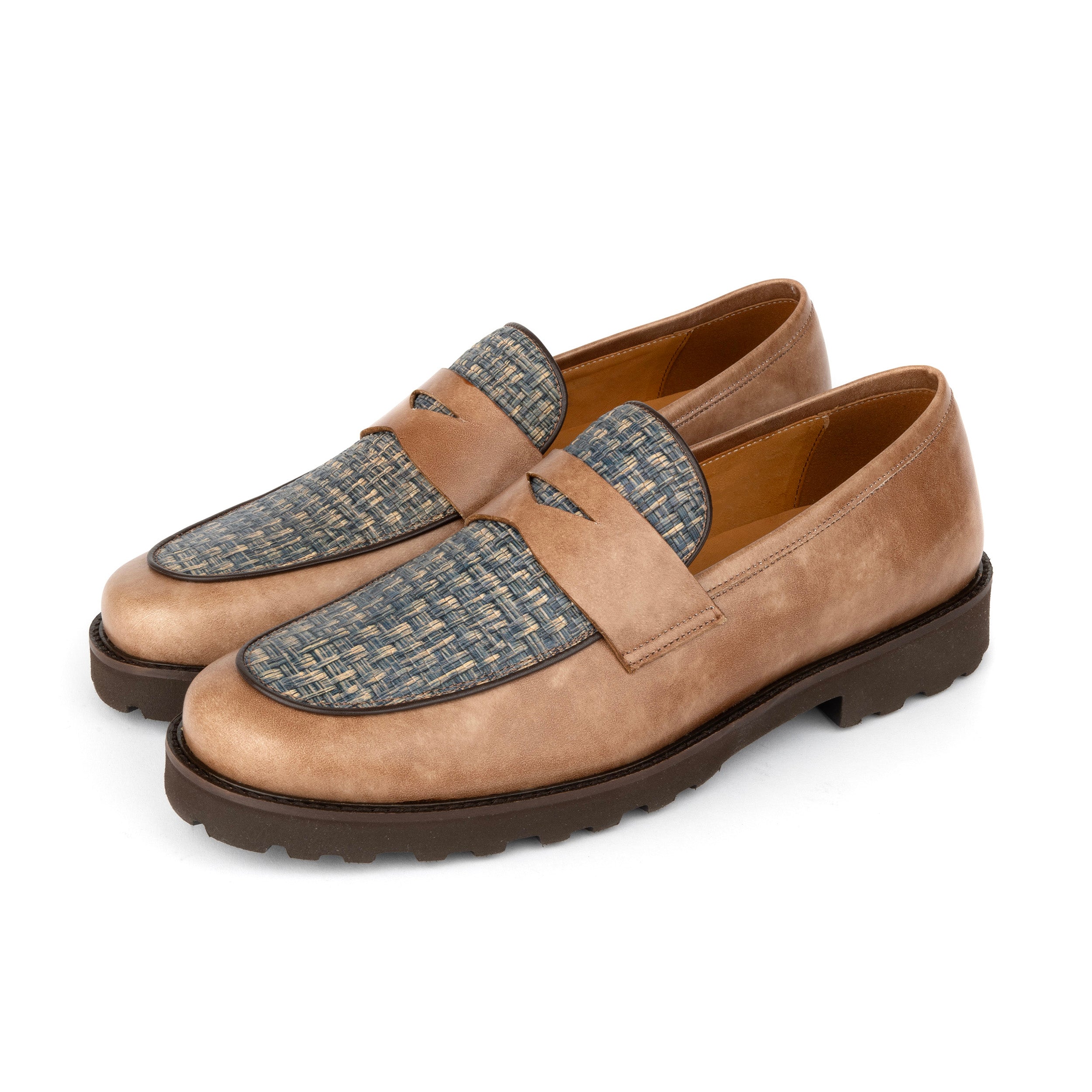 Sunkin - Light Blue & Brown - Men's leather woven slip-on loafer