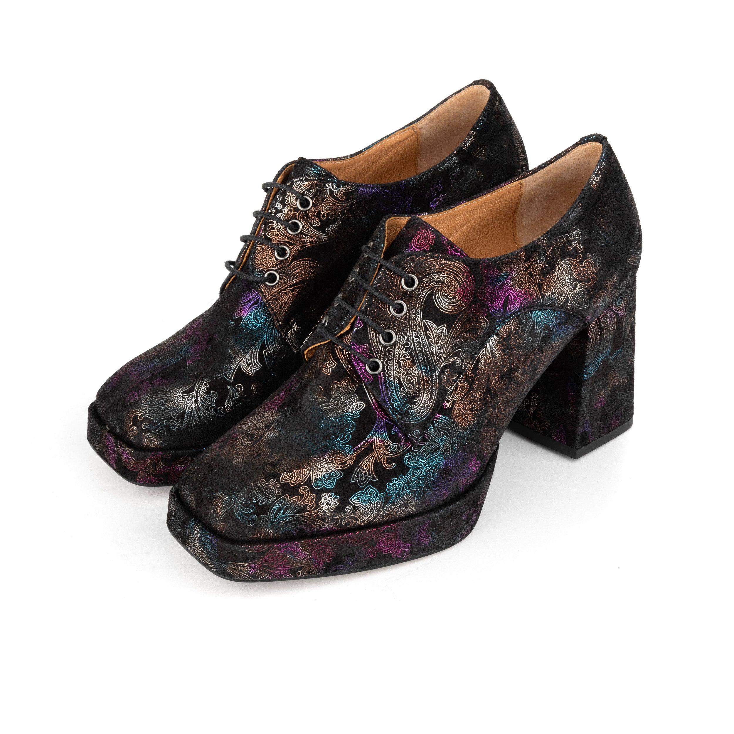 Roulette Platform - Black Foil - Women's leather oxford pump with platform and block heel
