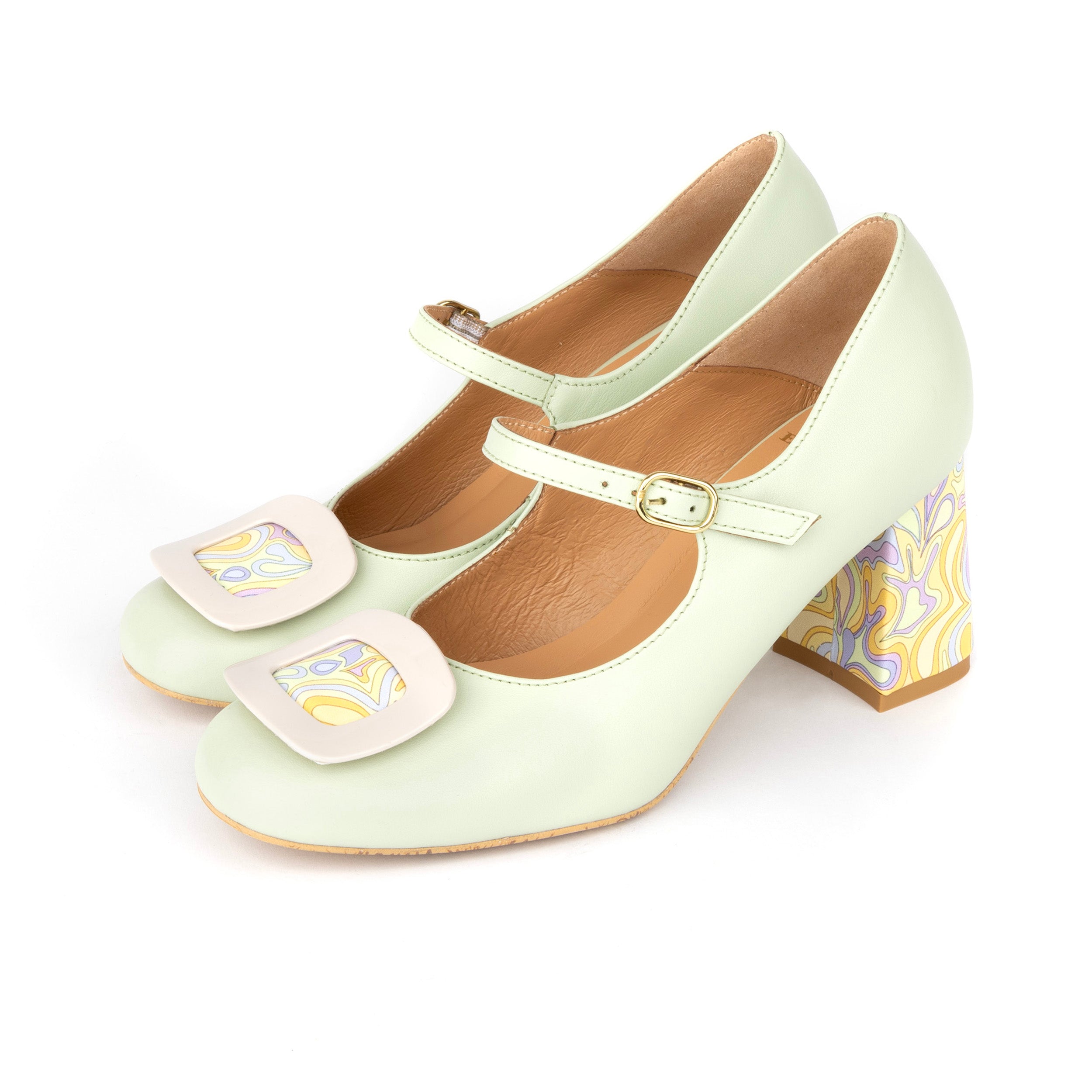 Button - Mint & Multi Pastel Print - Women's Leather Round-toe Mary Jane Pump with Block Heel