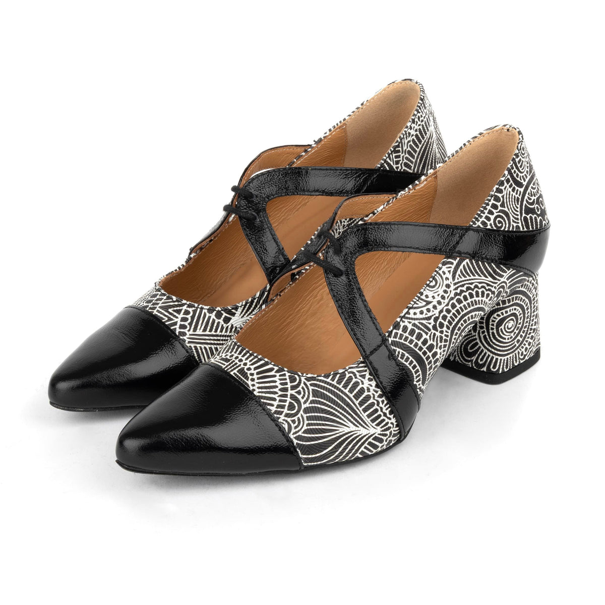 Harlowe High - Black & White & Graphic Print - Women's leather block heel pumps