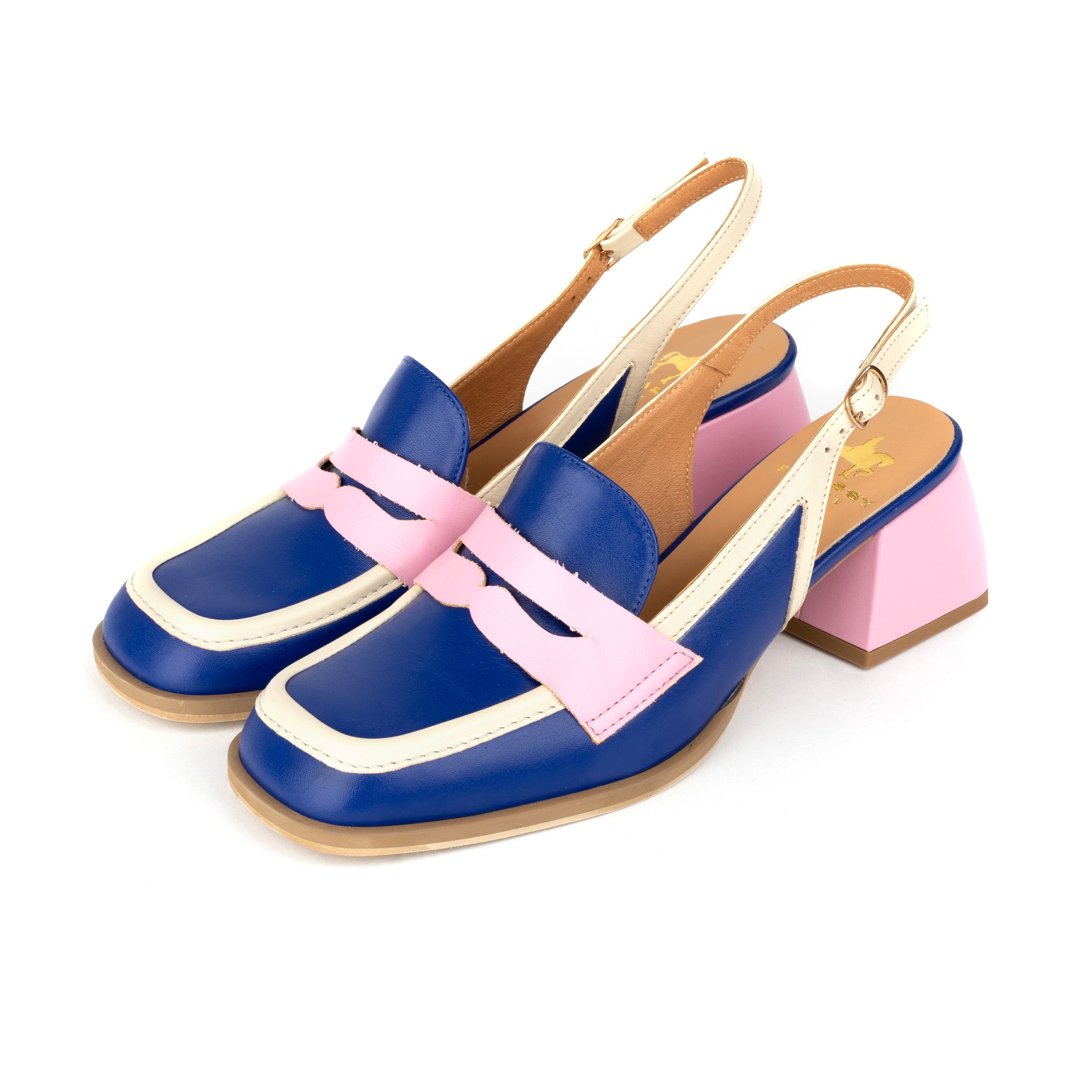 Diana - Blue & Cream & Pink - Women's block heel slingback leather pump