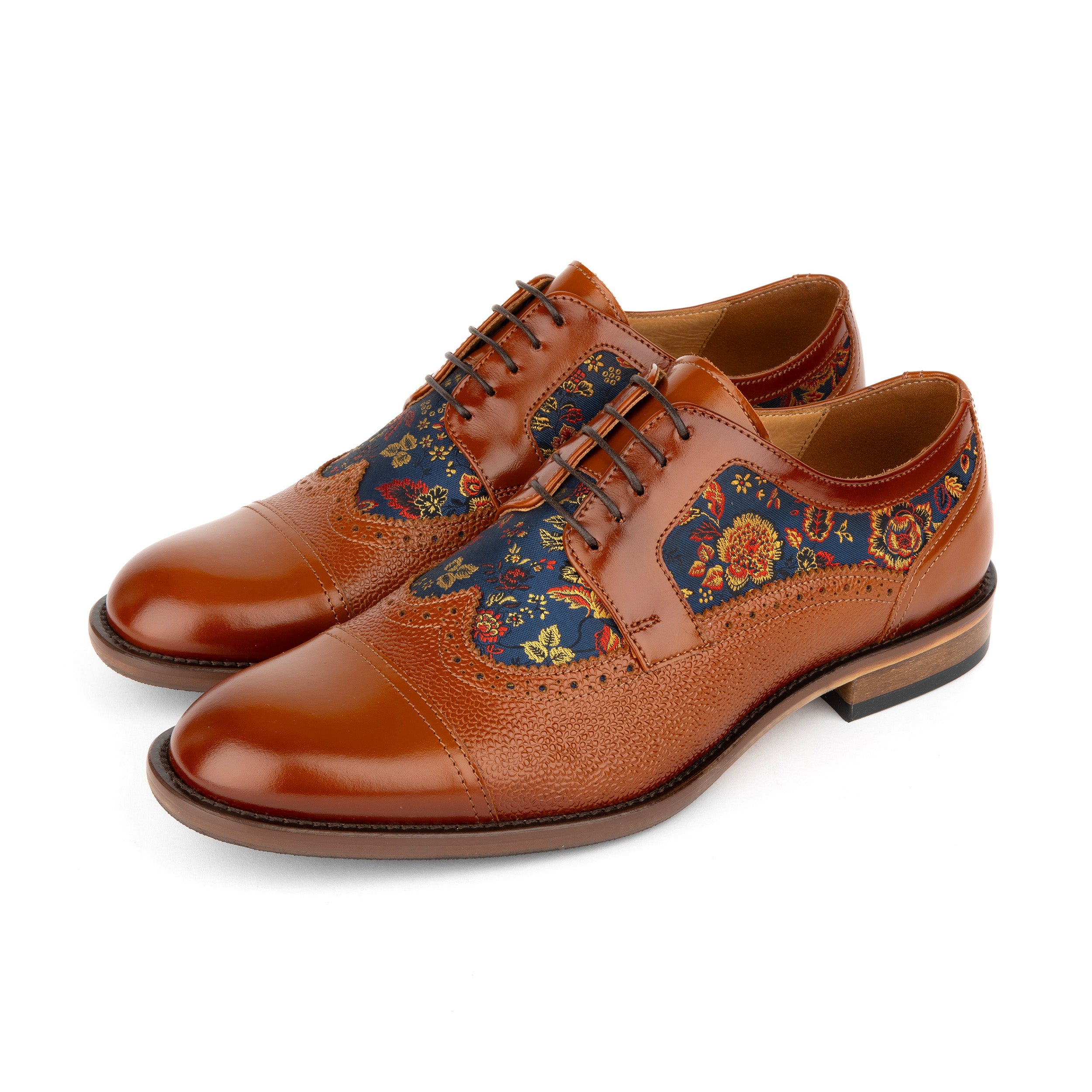 Orlando - Tan & Blue Flowers - Men's leather dress shoe with floral print