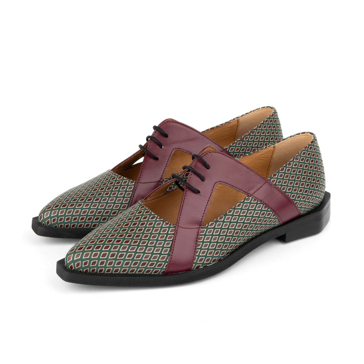 Harlowe - Burgundy & Green Diamond - Women's cutout leather lace up shoe