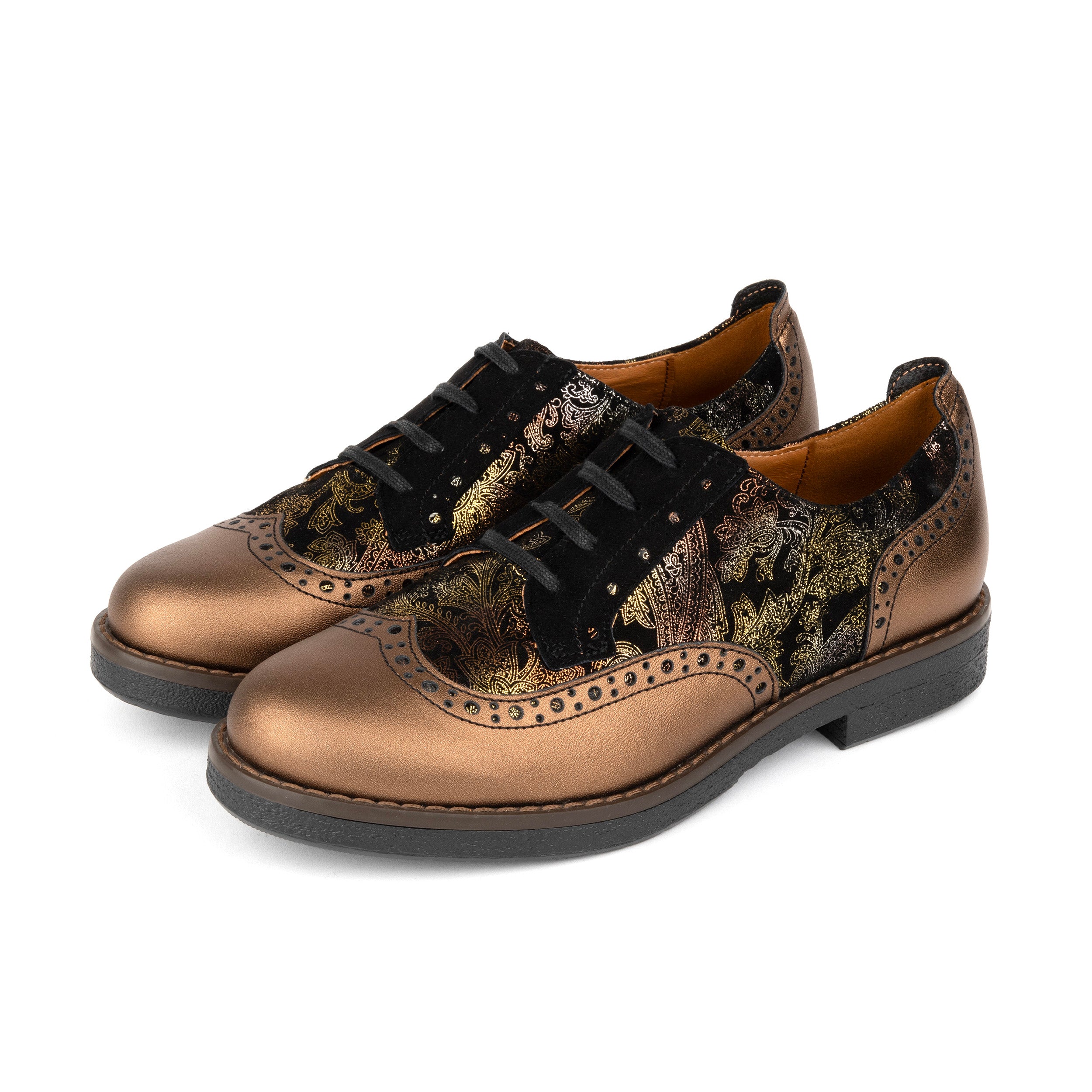 The Artist - Bronze & Floral - Women's leather lace-up shoe with brogue detailing