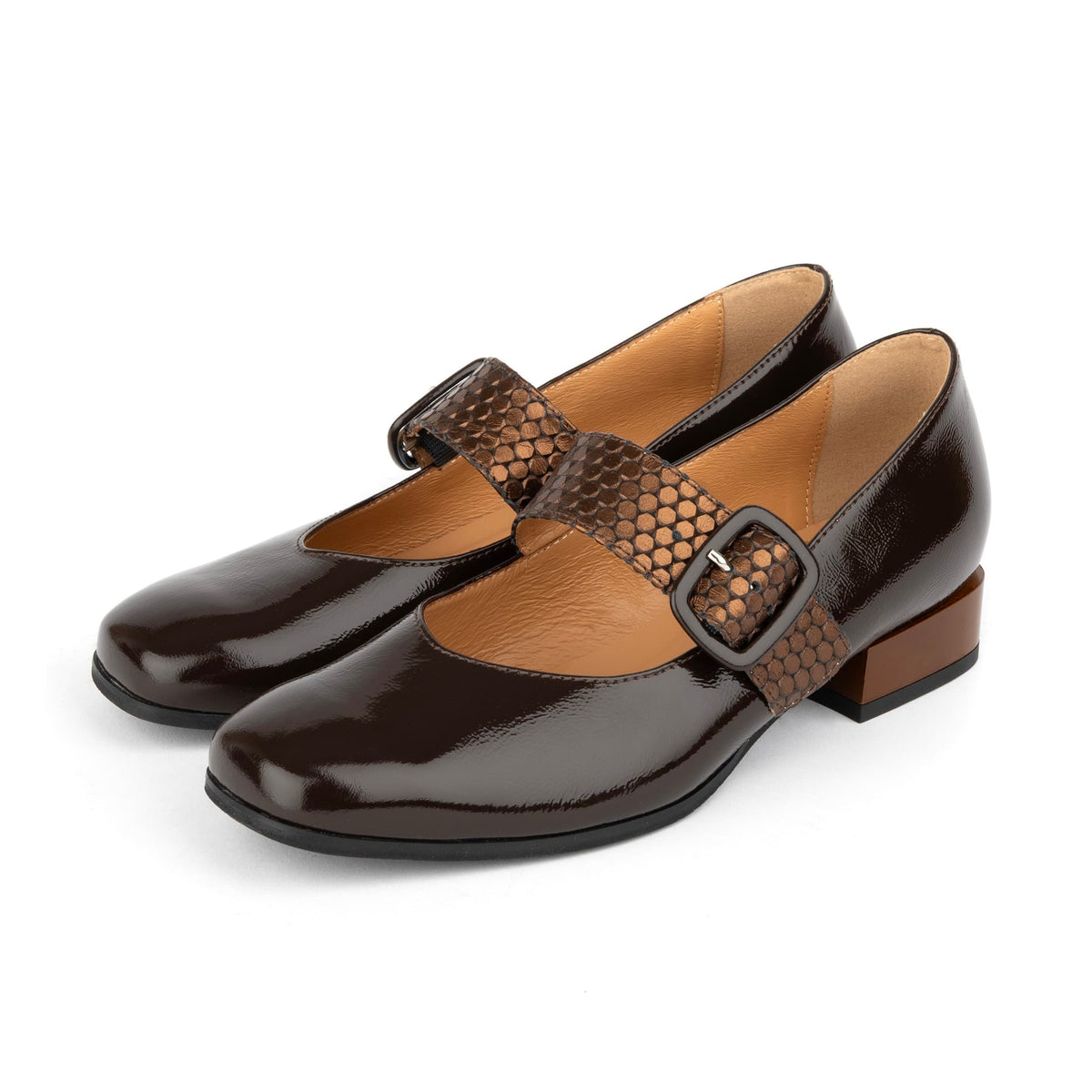 Bliss - Brown - Women's block heel square toe patent leather Mary-Jane