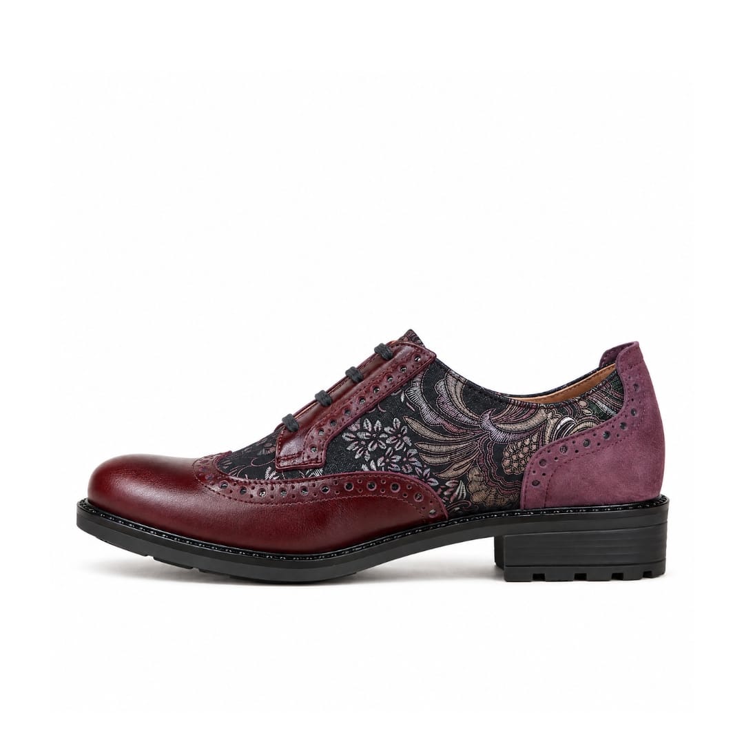 DreamFiters - Burgundy Floral - Women's round toe leather derby shoe on durable rubber sole