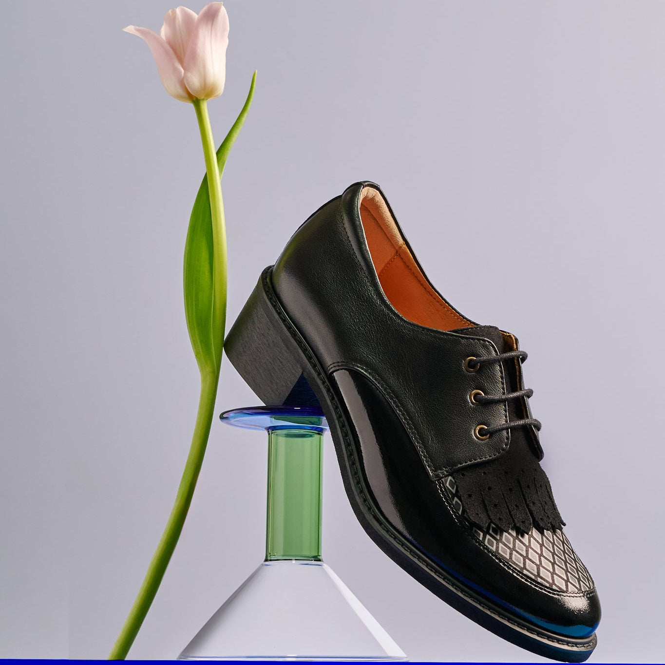 Retro Tone - Black & Grey Diamond - Women's leather lace-up with signature kiltie detail