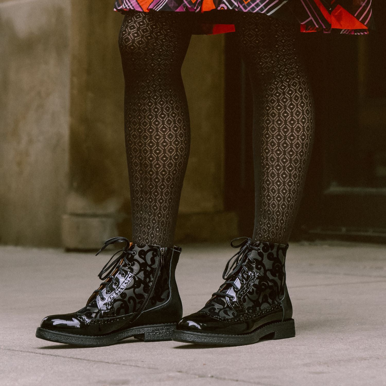 Hatter - Black Floral - Women's zip up and lace up ankle boot with brogue styling