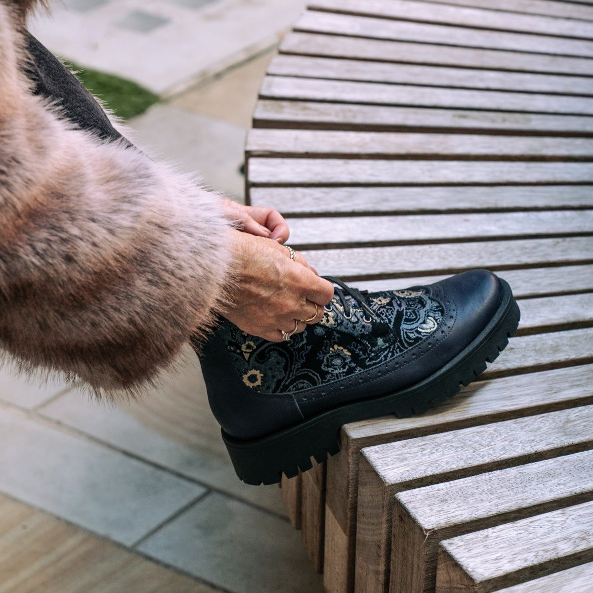 Hatter Platform - Matt Blue & Grey & Gold - Women's Leather ankle Lace-up Boot with chunky cleated sole