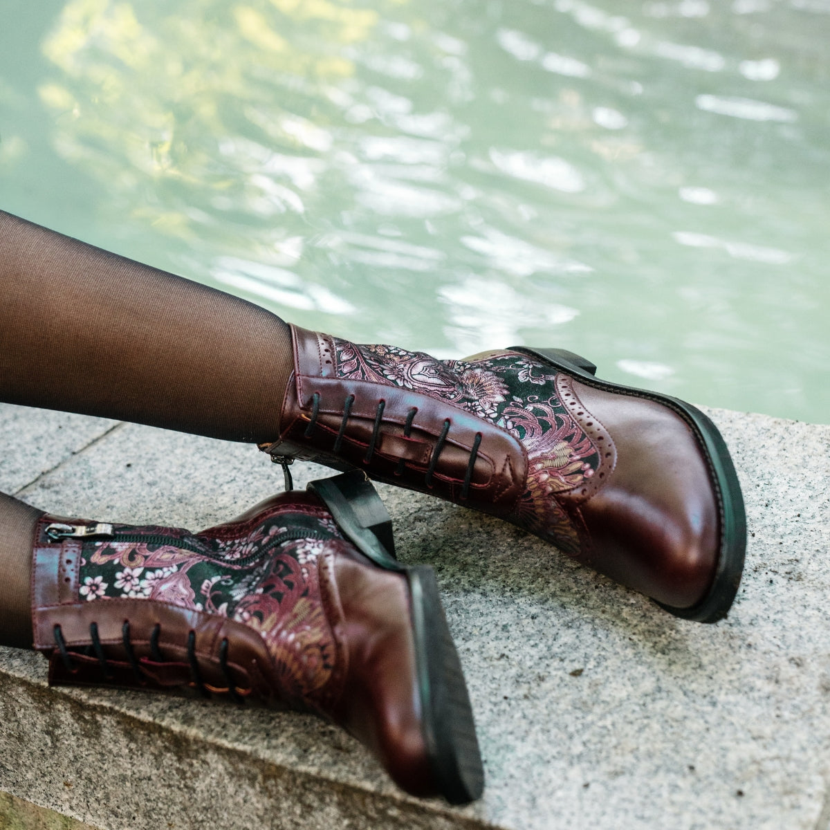Mantis - Floral & Burgundy - Women's above-the-ankle lace-up boot with brogue & paisley detailing