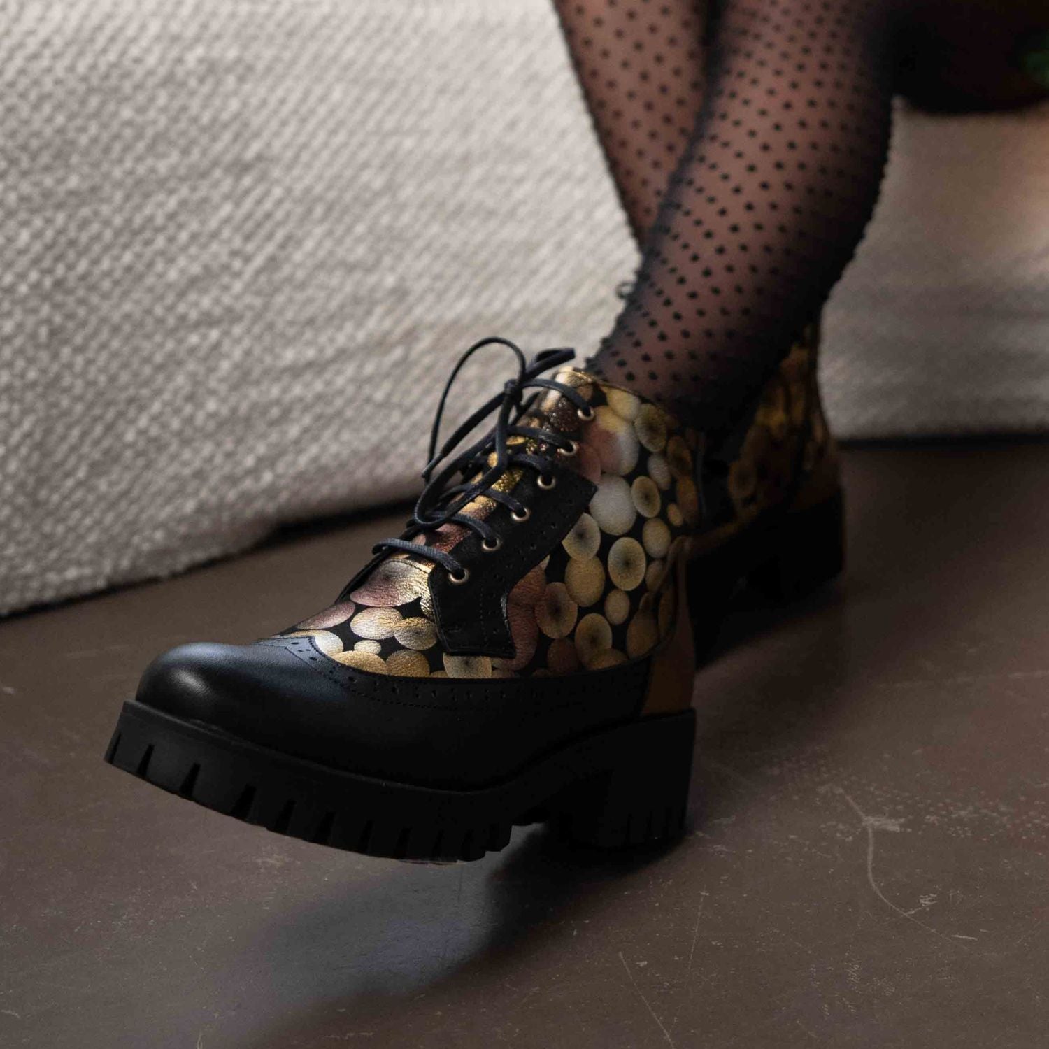 Milliner Platform - Gold - Women's leather chunky platform ankle boot with wool lining