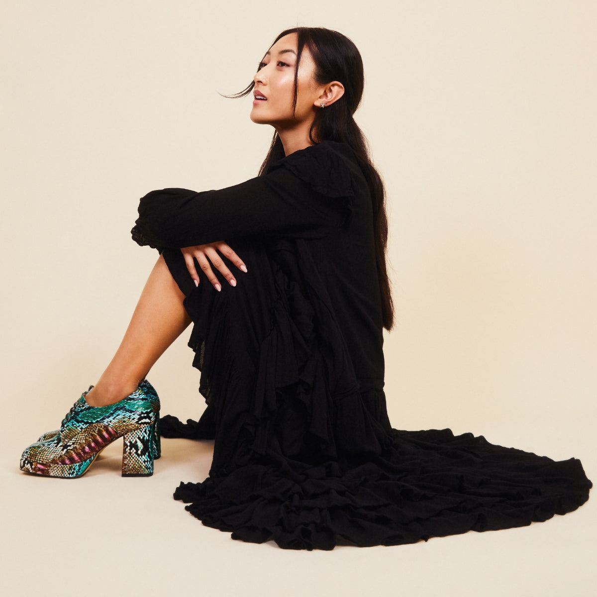 Roulette Platform - Green & Brown Snake - Women's leather oxford pump with platform and block heel