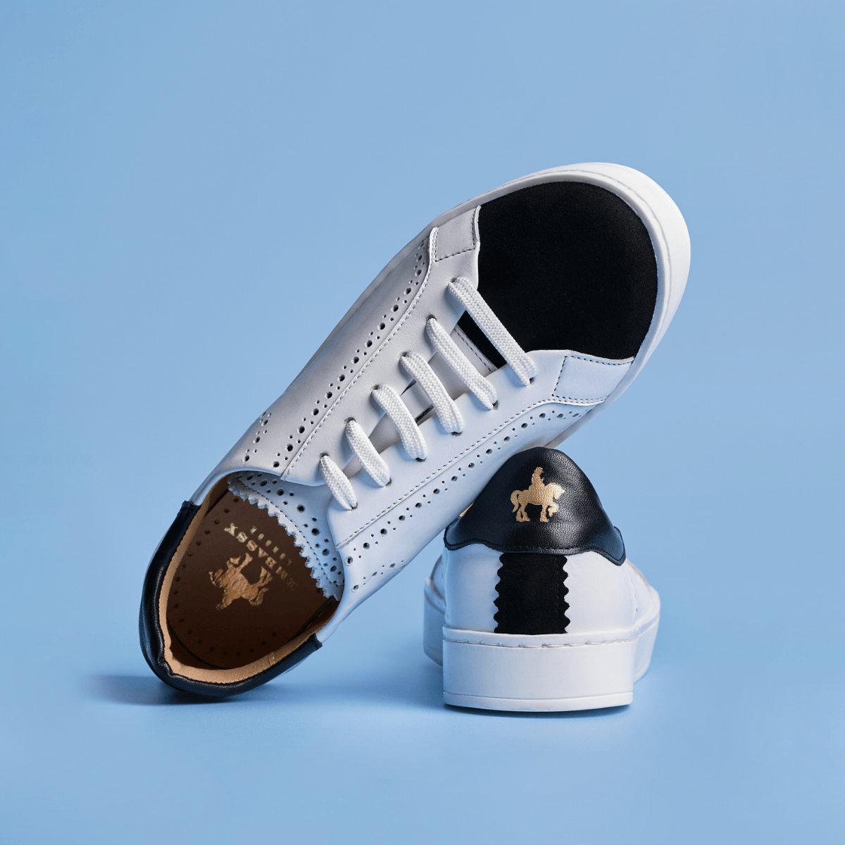 Serena - Black & White - Women’s Leather Trainer with Brogue Details