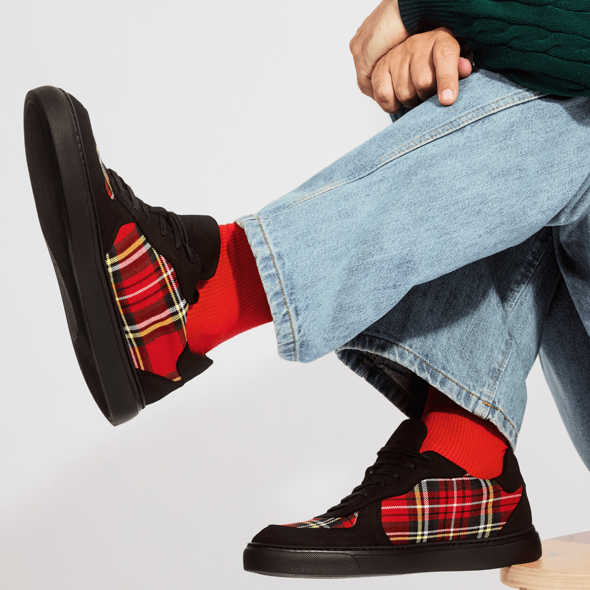 Strada - Black & Red Tartan - Men's Tartan Leather & Suede Trainer