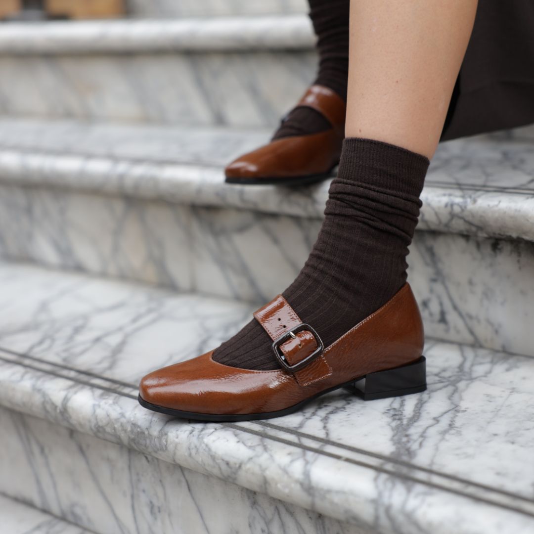 Bliss - Tan - Women's block heel square toe patent leather Mary-Jane
