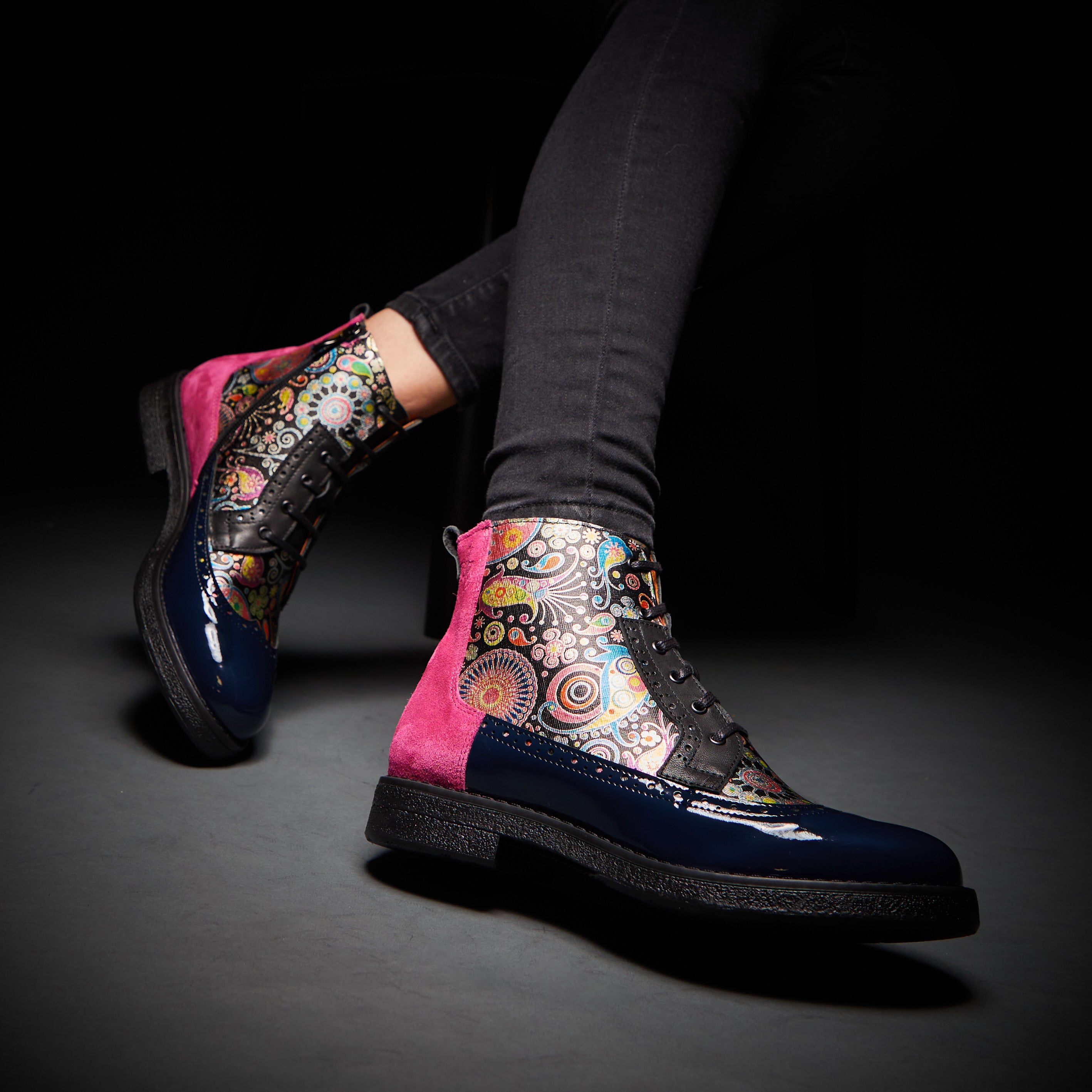 Hatter - Navy Pink - Women's higher ankle leather boot with brogue styling