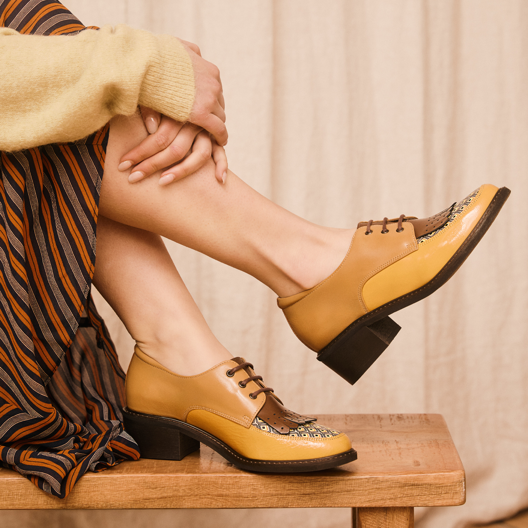 Retro Tone - Yellow & Brown - Women's leather lace-up with signature kiltie detail